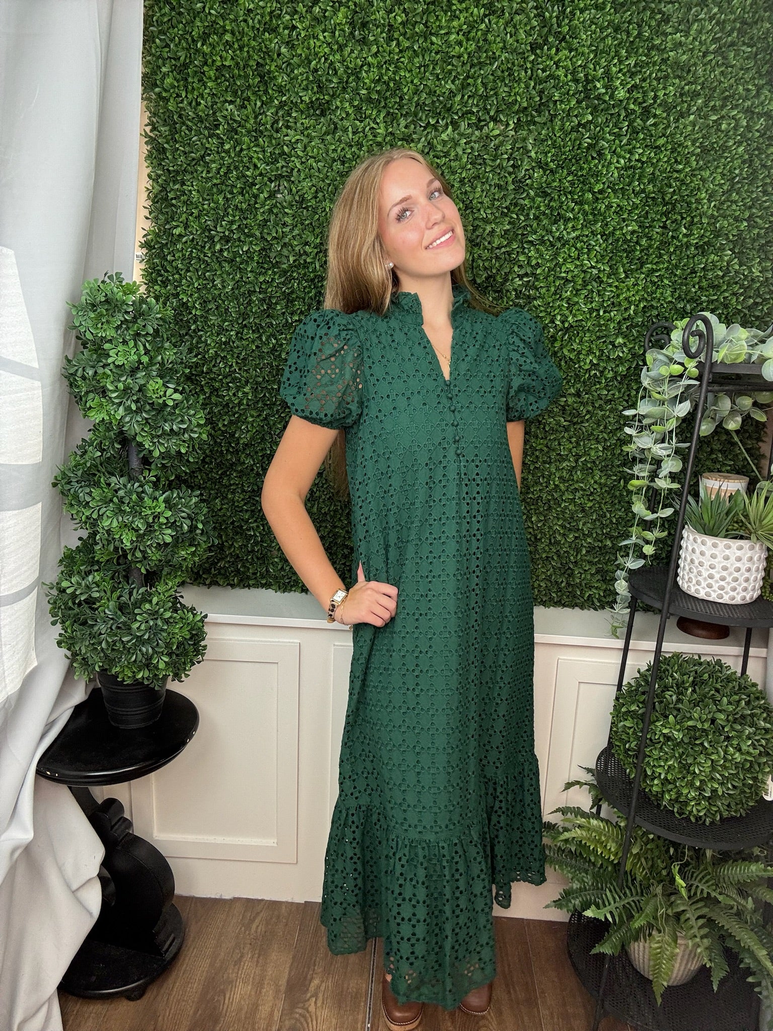 GEOMETRIC PRINT PUFF SLEEVE DRESS - HUNTER GREEN