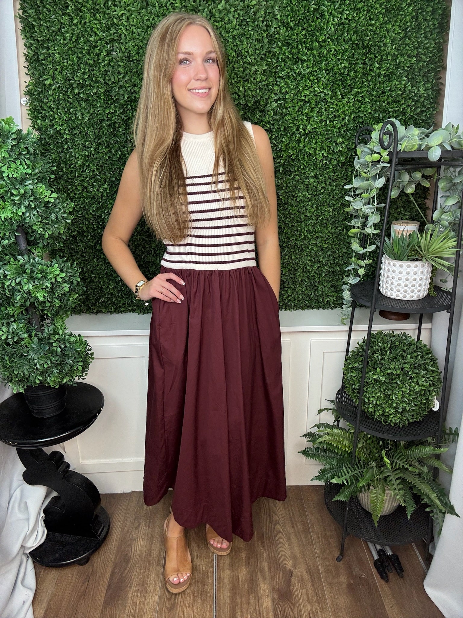 SLEEVELESS STRIPED KNIT AND WOVEN COMBO MAXI DRESS - WINE