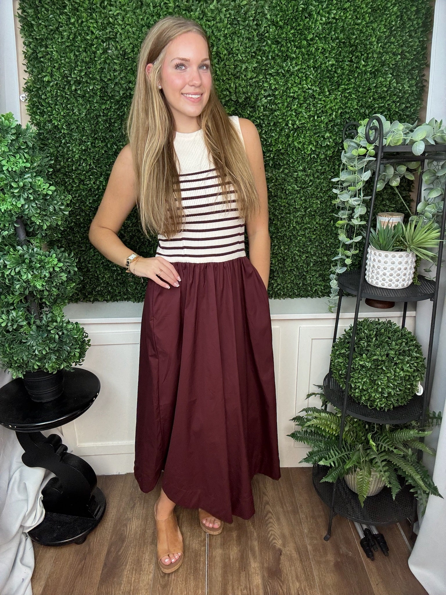 SLEEVELESS STRIPED KNIT AND WOVEN COMBO MAXI DRESS - WINE