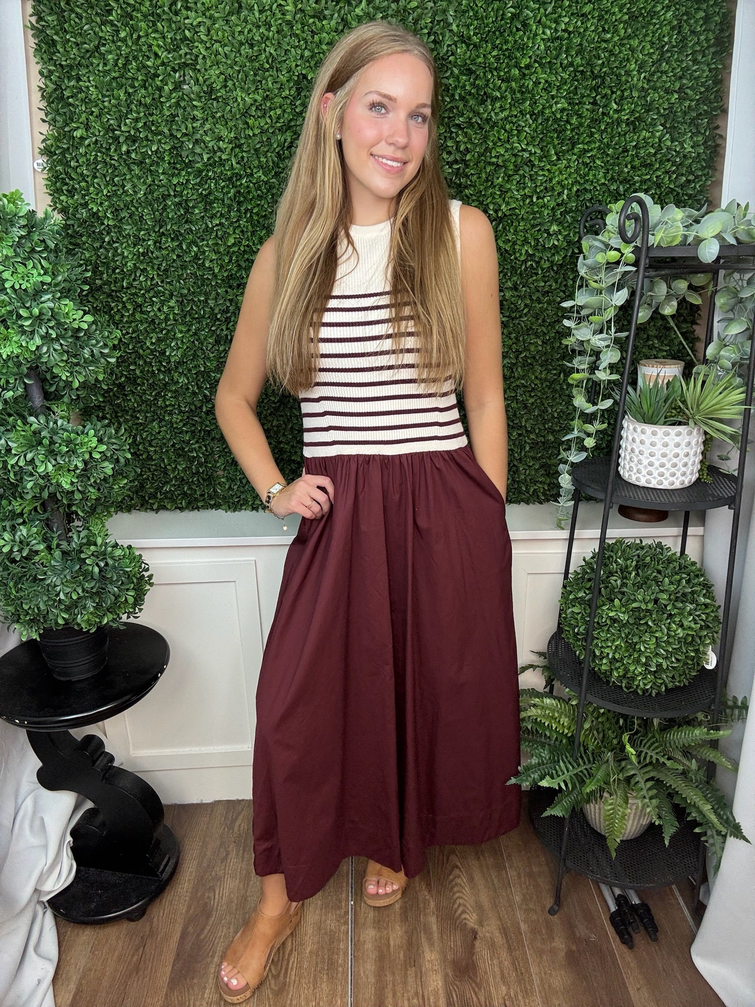 SLEEVELESS STRIPED KNIT AND WOVEN COMBO MAXI DRESS - WINE