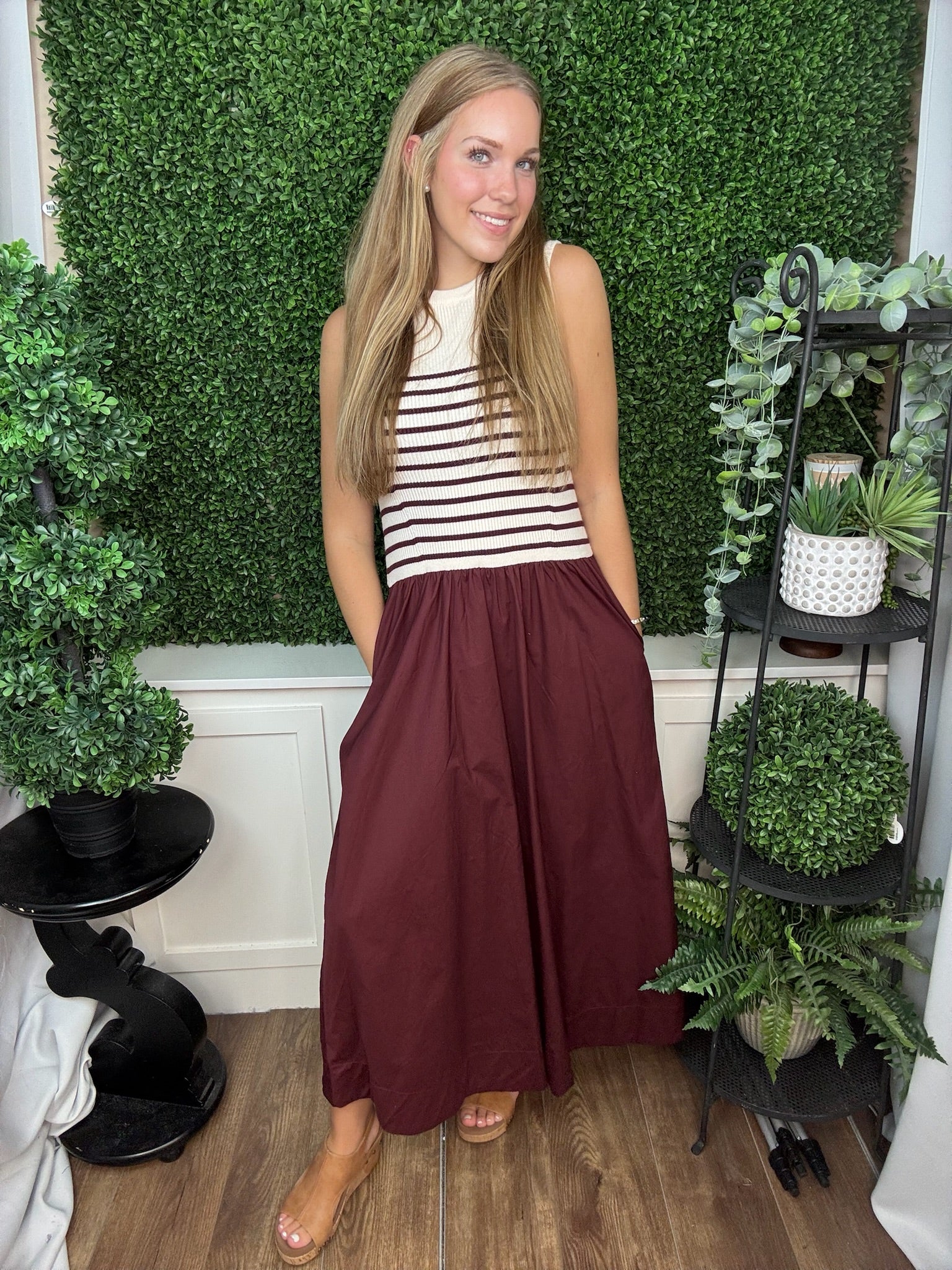 SLEEVELESS STRIPED KNIT AND WOVEN COMBO MAXI DRESS - WINE