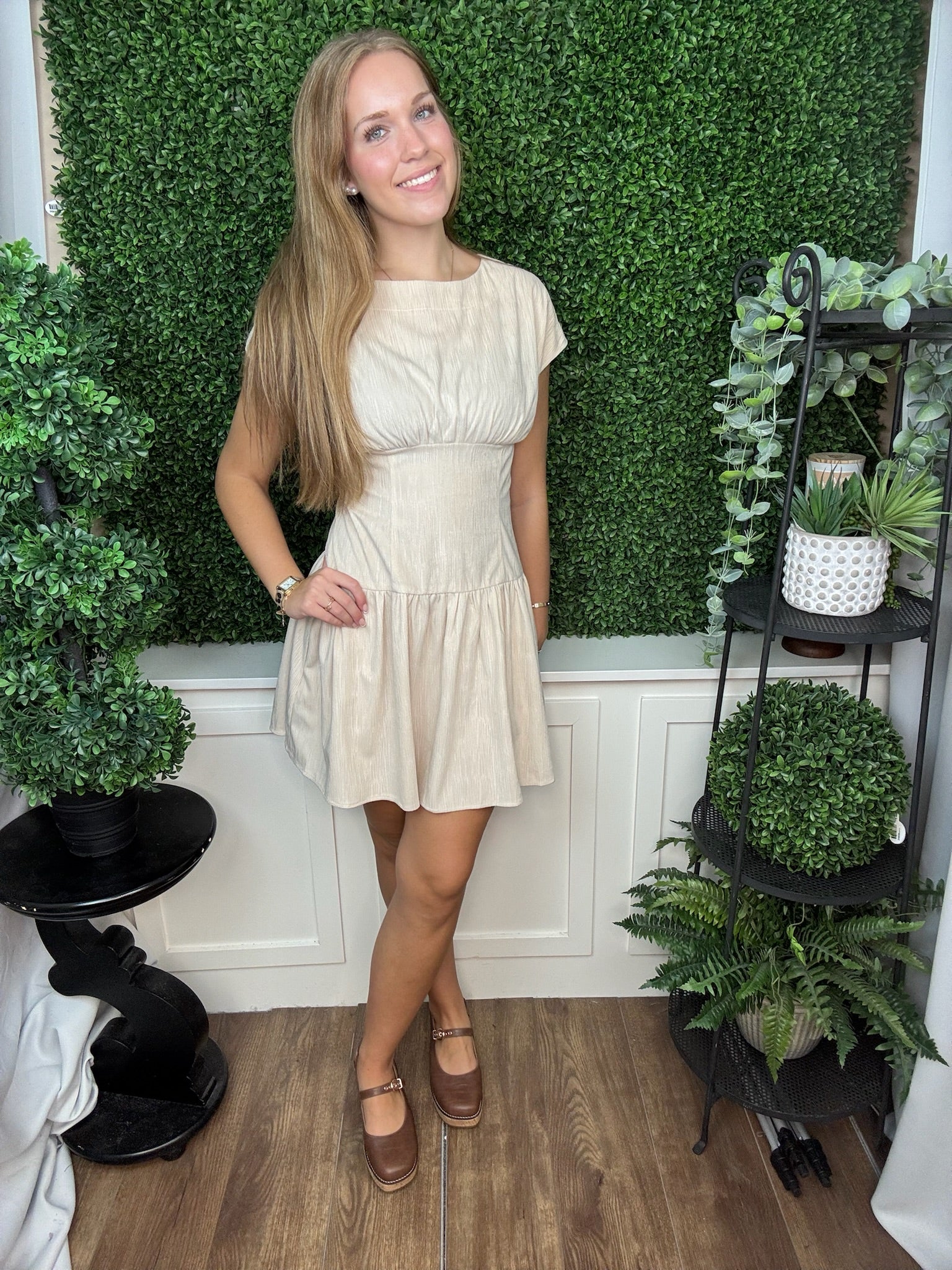 Brushed Texture Fitted Waist Flare Mini Dress