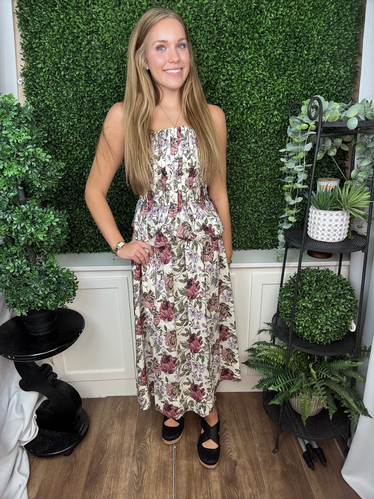 FLORAL SMOCKED PEPLUM MIDI DRESS - ECRU