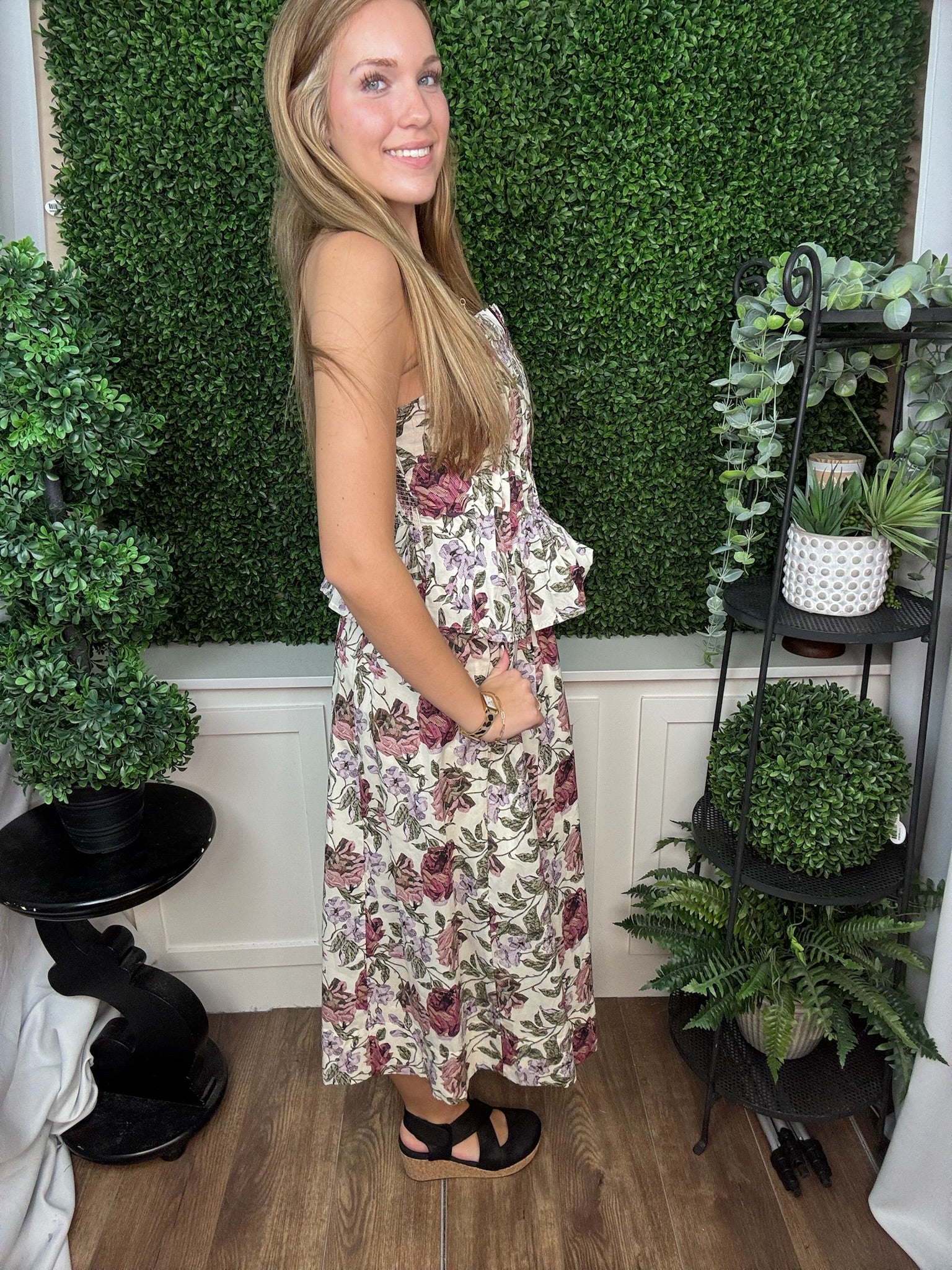 FLORAL SMOCKED PEPLUM MIDI DRESS - ECRU