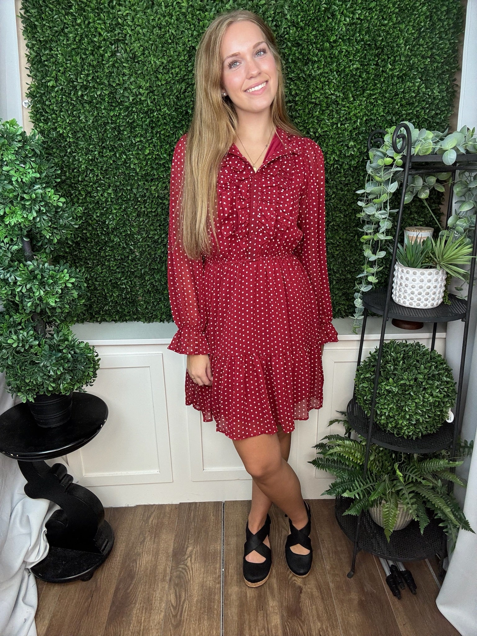LONG RUFFLED BUTTON DOWN POLKADOT WOVEN MINI DRESS - RED