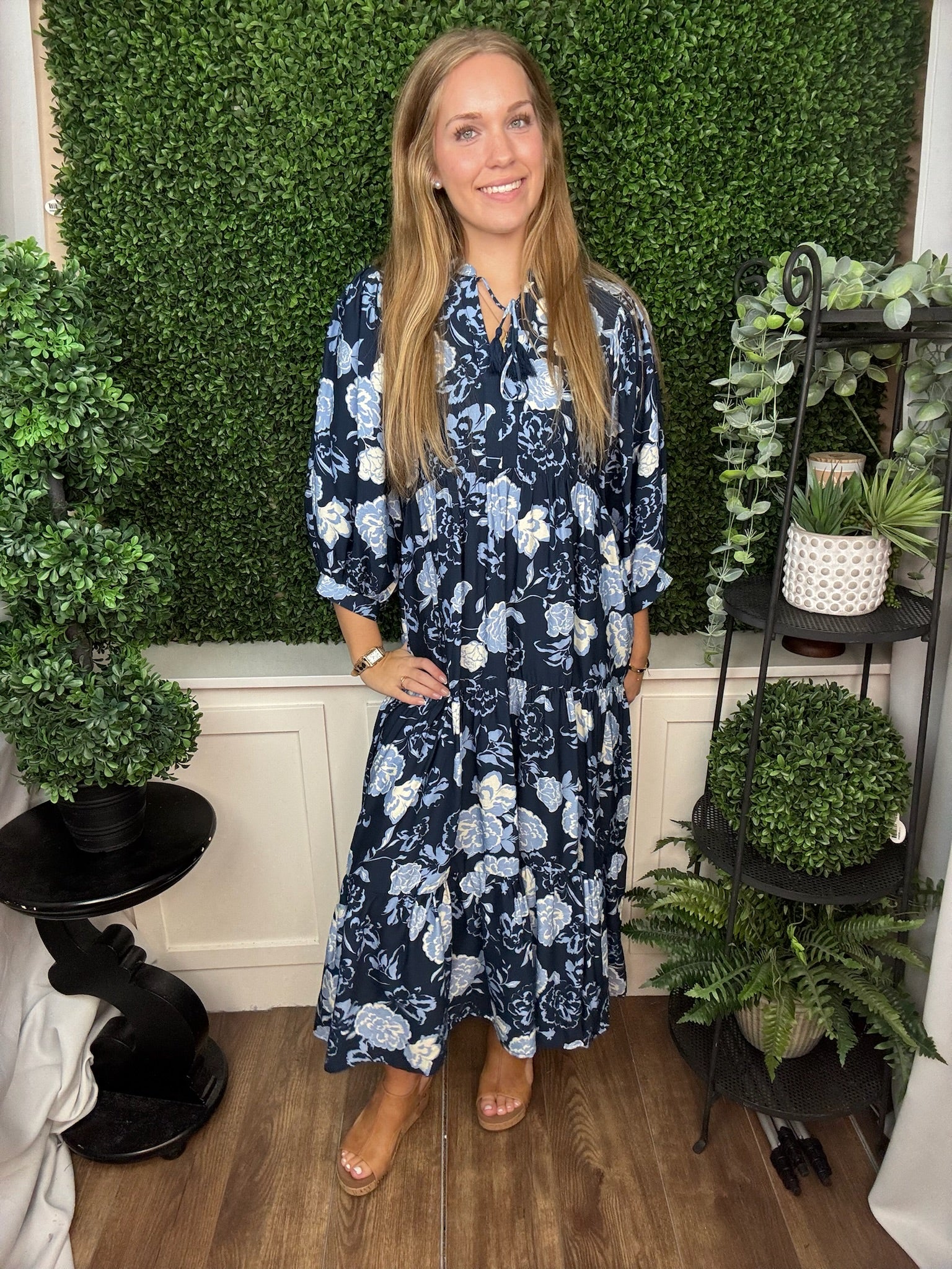 FLORAL PRINT TIE NECK PUFF SLEEVE TIERED MIDI DRESS - NAVY