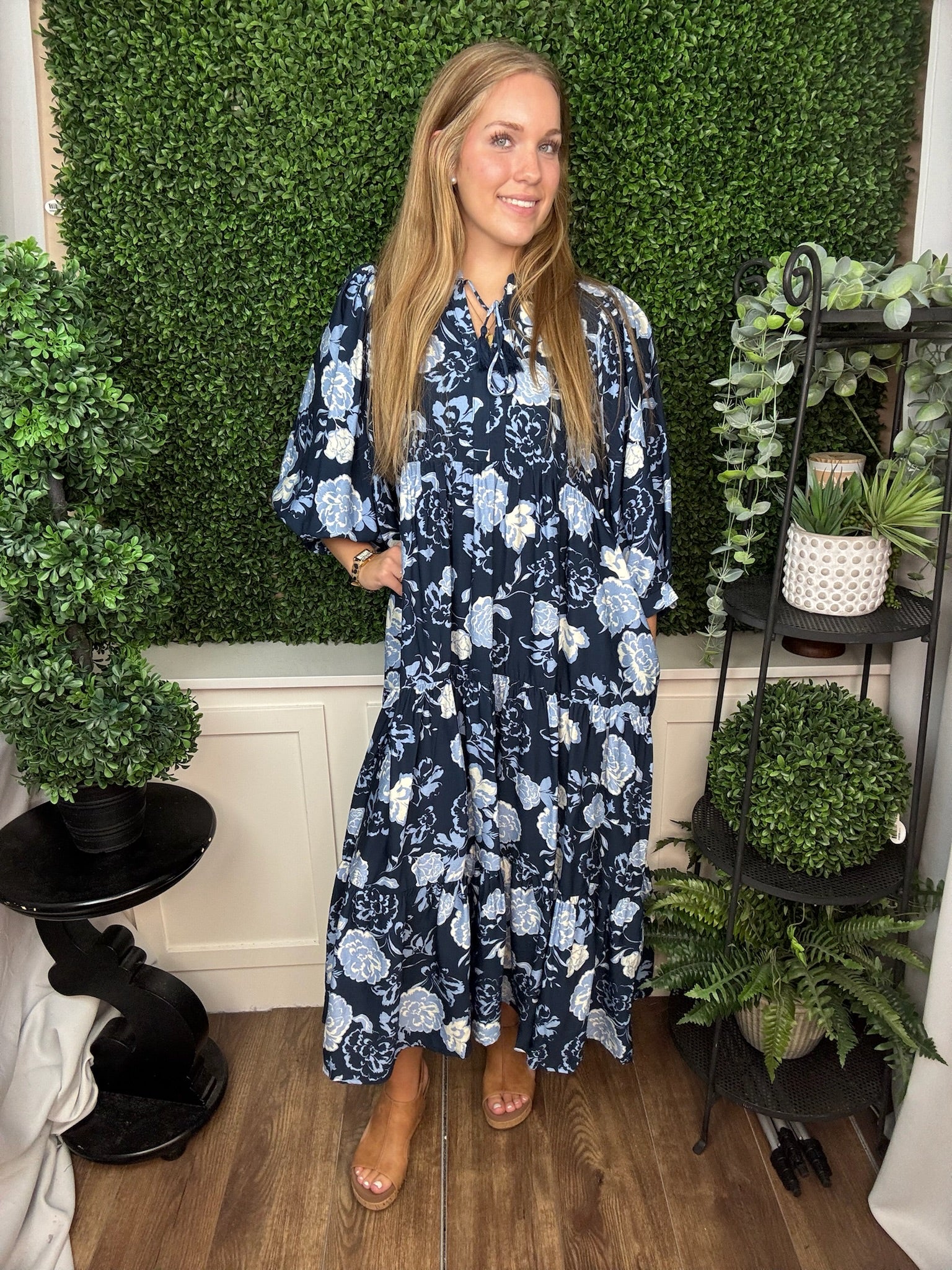 FLORAL PRINT TIE NECK PUFF SLEEVE TIERED MIDI DRESS - NAVY