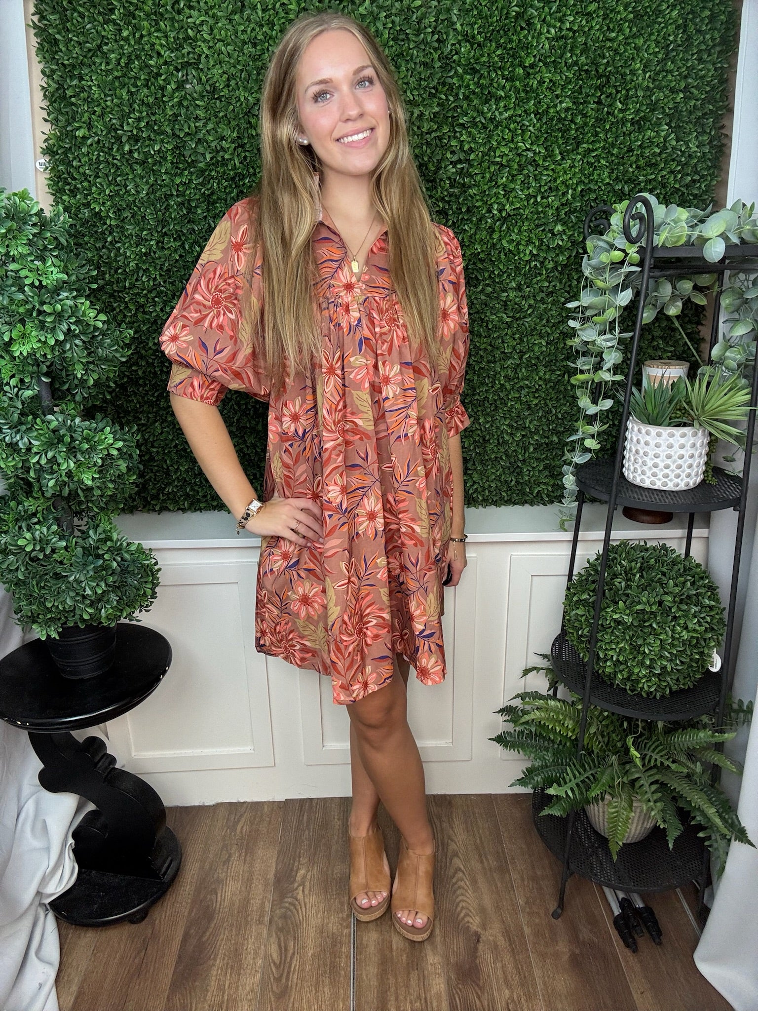 RUFFLED COLLAR BOTANICAL PUFF SLEEVE BABYDOLL MINI DRESS - MOCHA