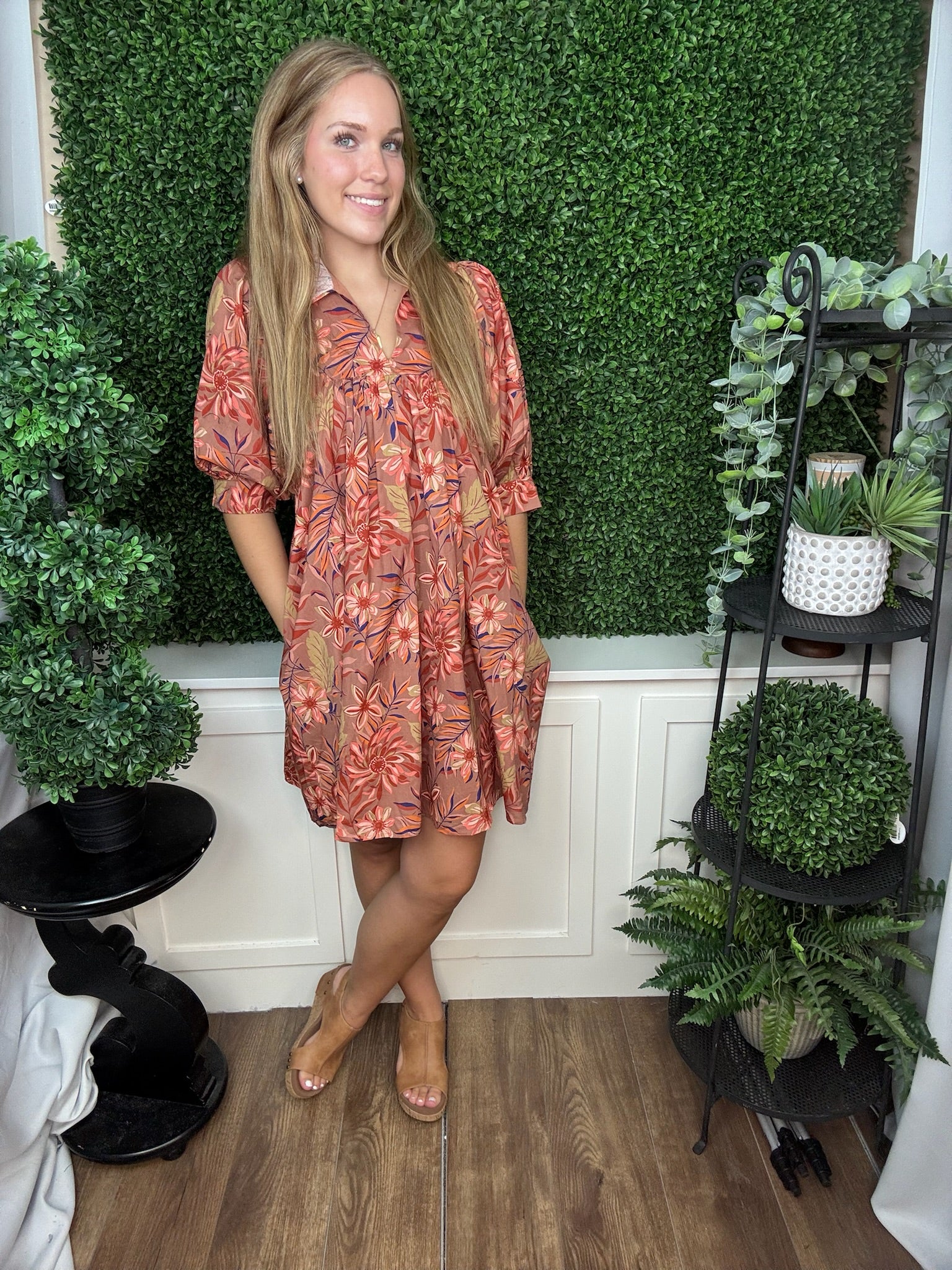 RUFFLED COLLAR BOTANICAL PUFF SLEEVE BABYDOLL MINI DRESS - MOCHA