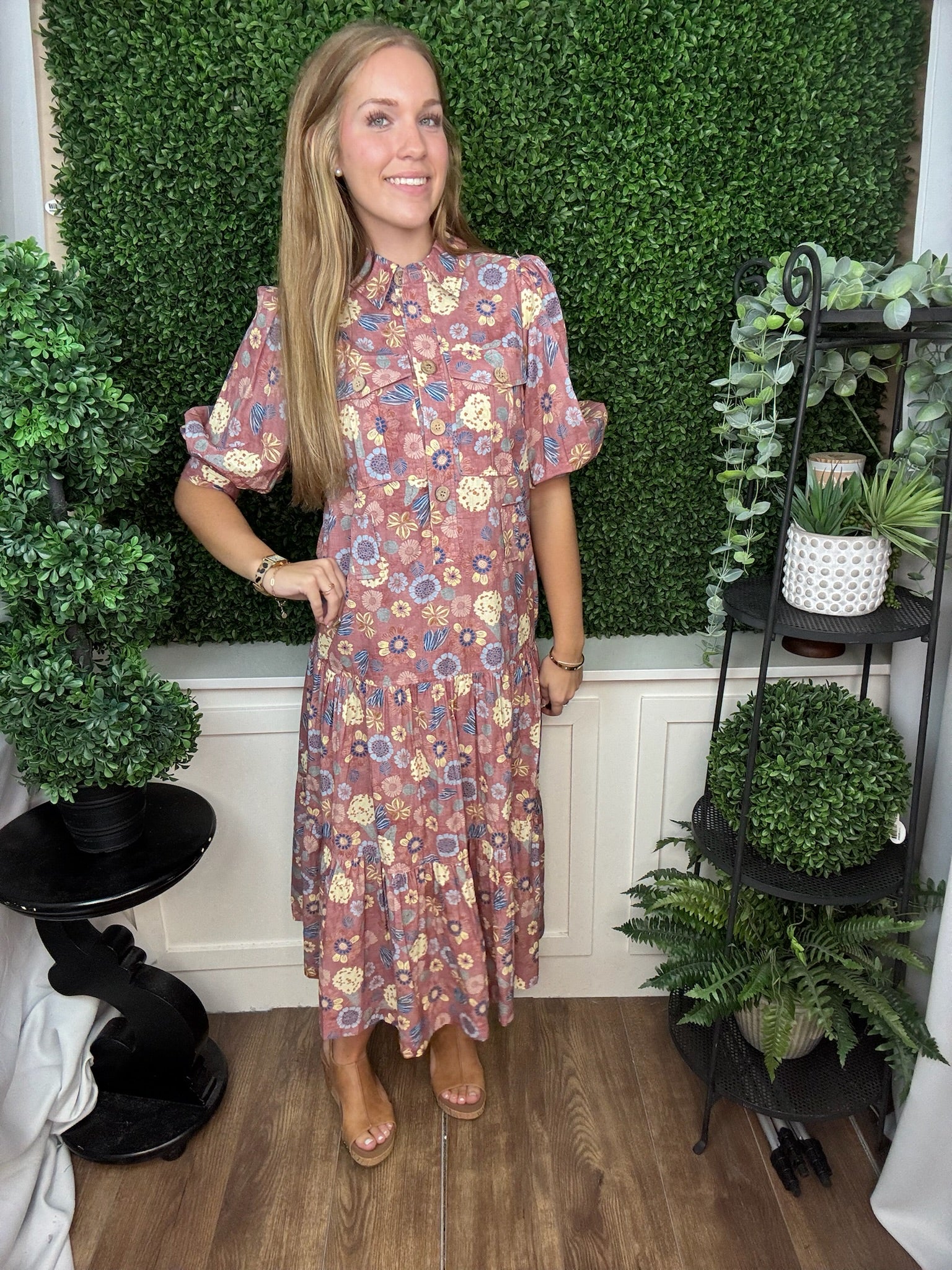 FLORAL PRINT BUTTON FRONT MIDI DRESS WITH TIE WAIST - MAUVE FLORAL