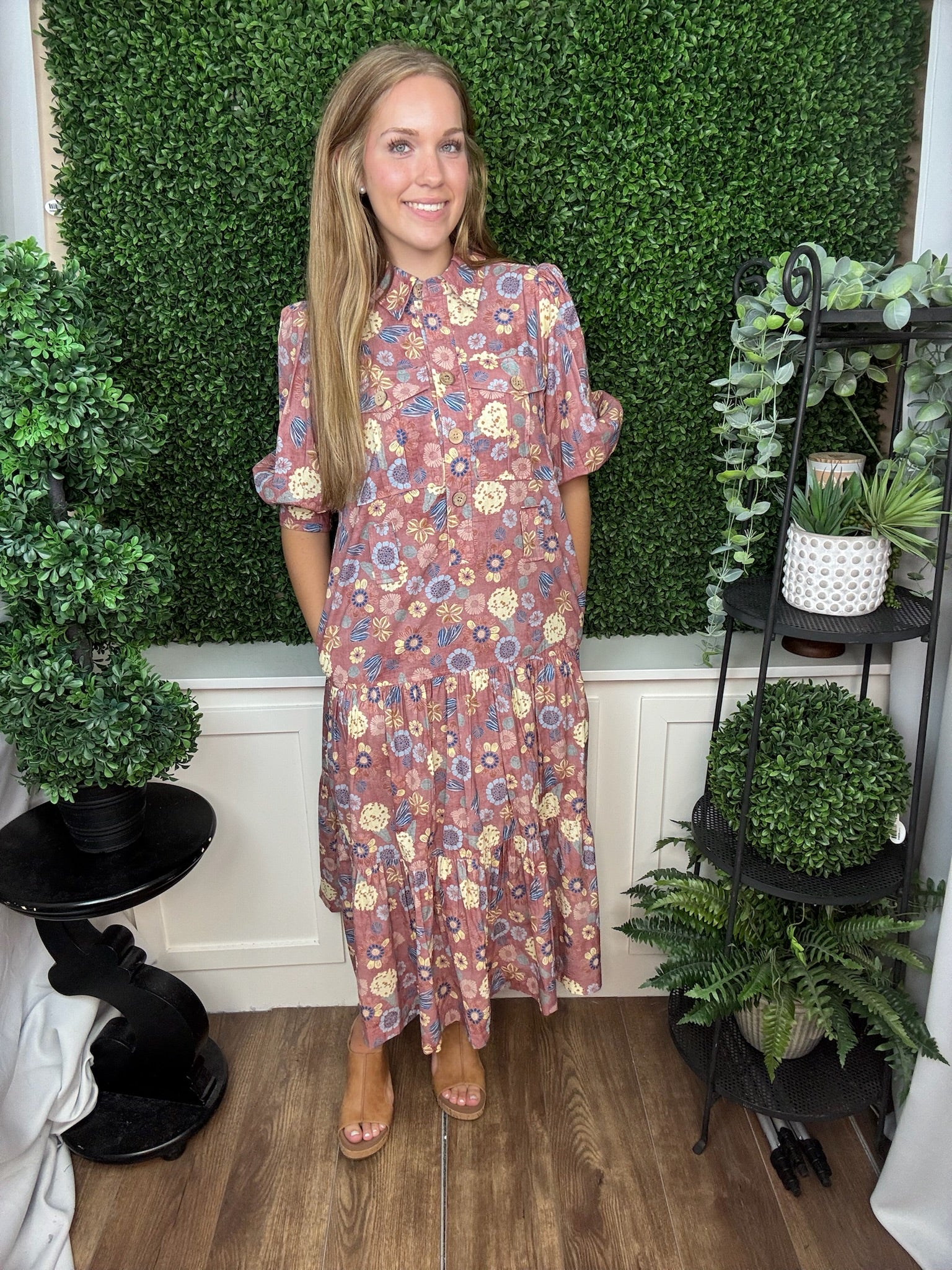 FLORAL PRINT BUTTON FRONT MIDI DRESS WITH TIE WAIST - MAUVE FLORAL