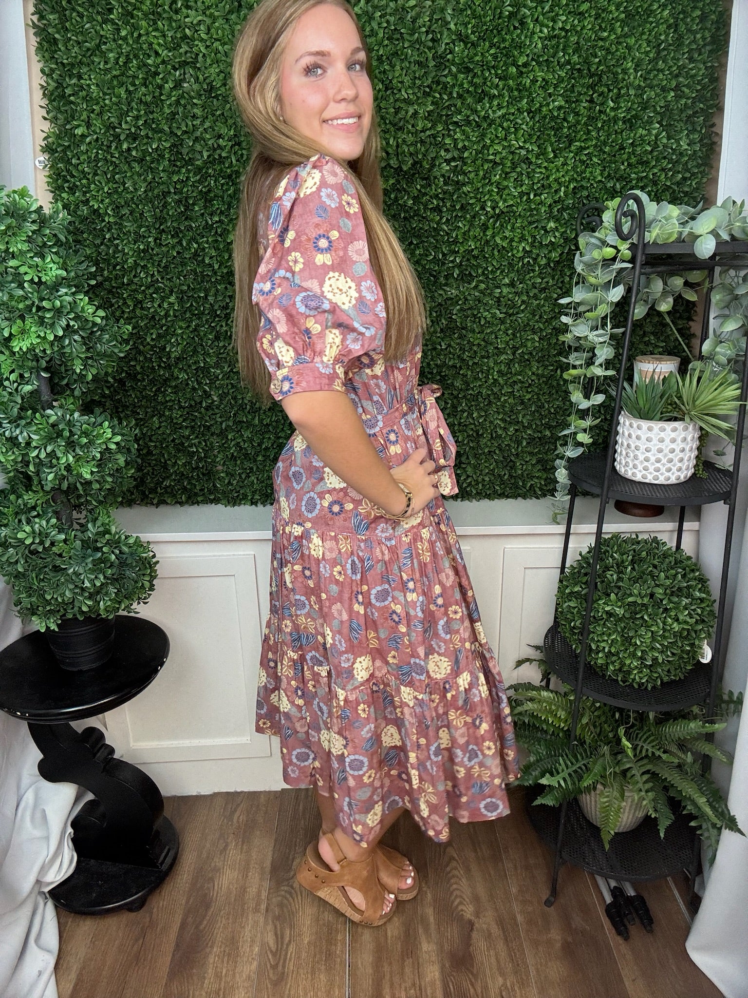 FLORAL PRINT BUTTON FRONT MIDI DRESS WITH TIE WAIST - MAUVE FLORAL