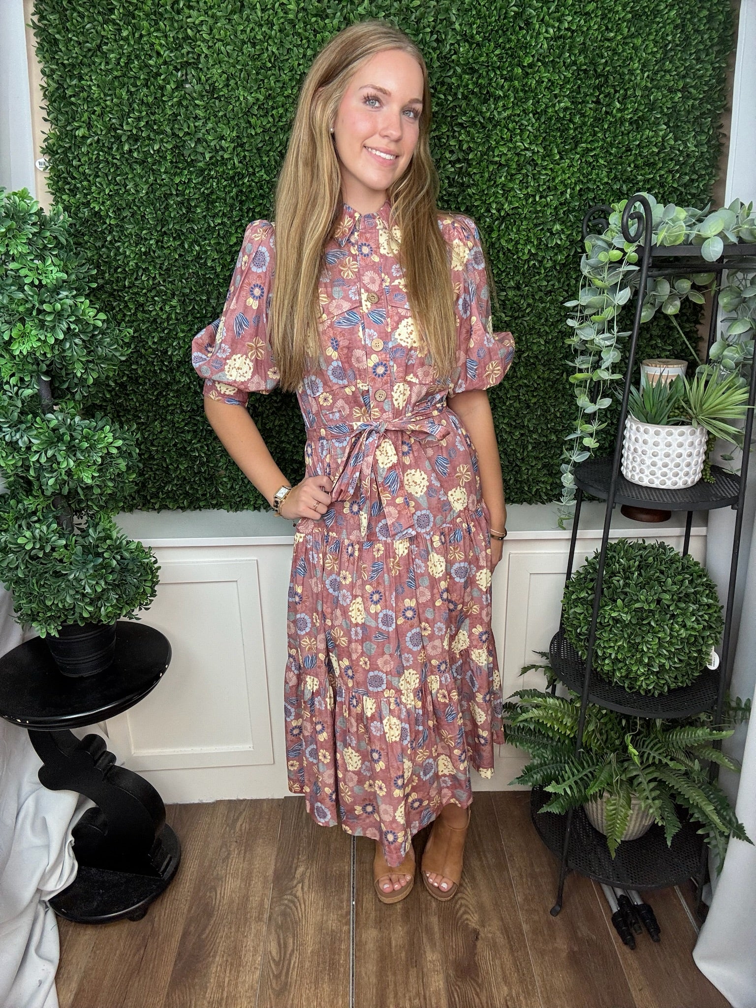 FLORAL PRINT BUTTON FRONT MIDI DRESS WITH TIE WAIST - MAUVE FLORAL