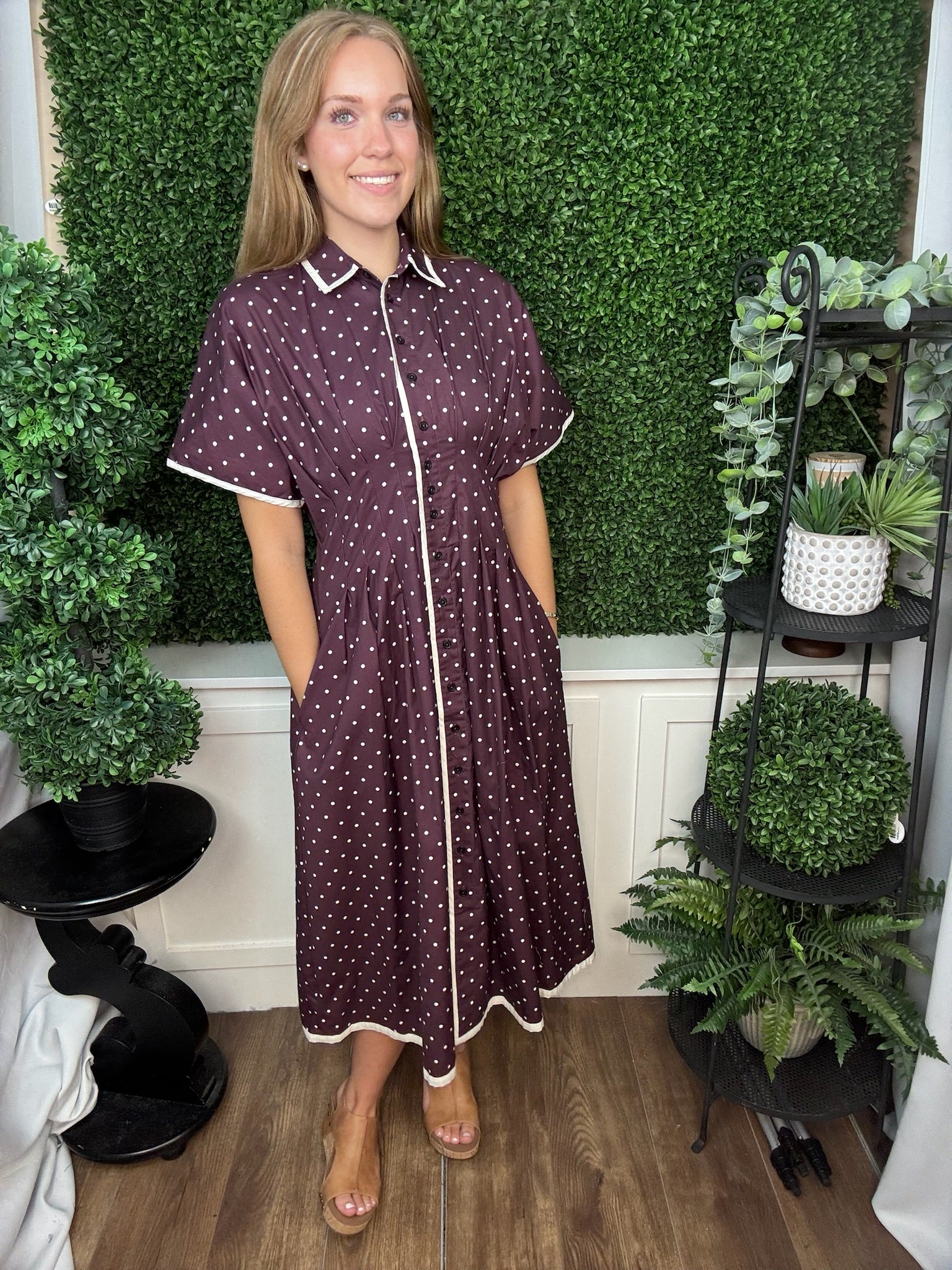 POLKA DOT BUTTON MIDI DRESS - SUGAR PLUM