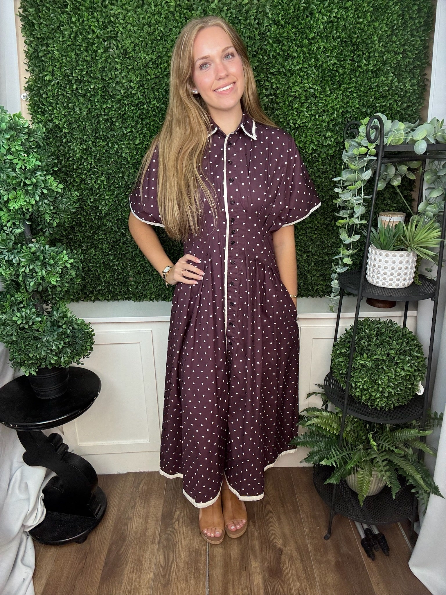 POLKA DOT BUTTON MIDI DRESS - SUGAR PLUM