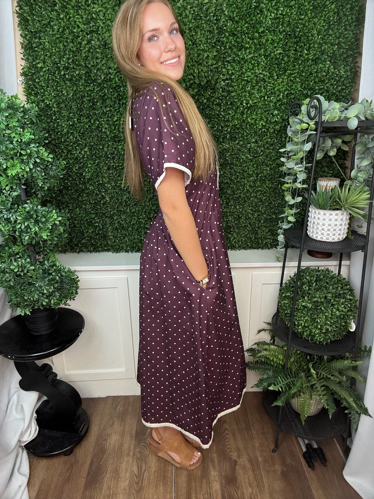 POLKA DOT BUTTON MIDI DRESS - SUGAR PLUM