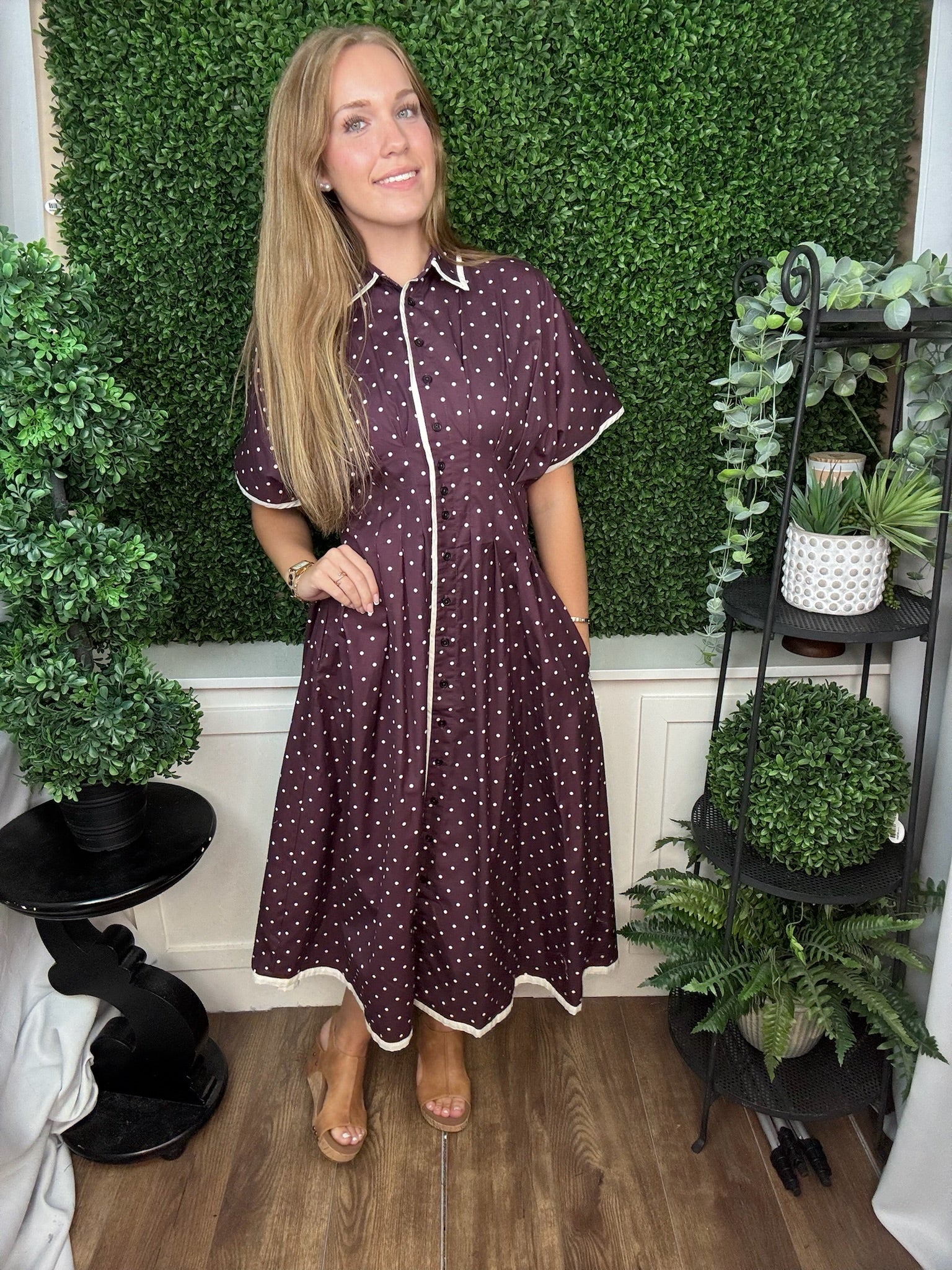 POLKA DOT BUTTON MIDI DRESS - SUGAR PLUM
