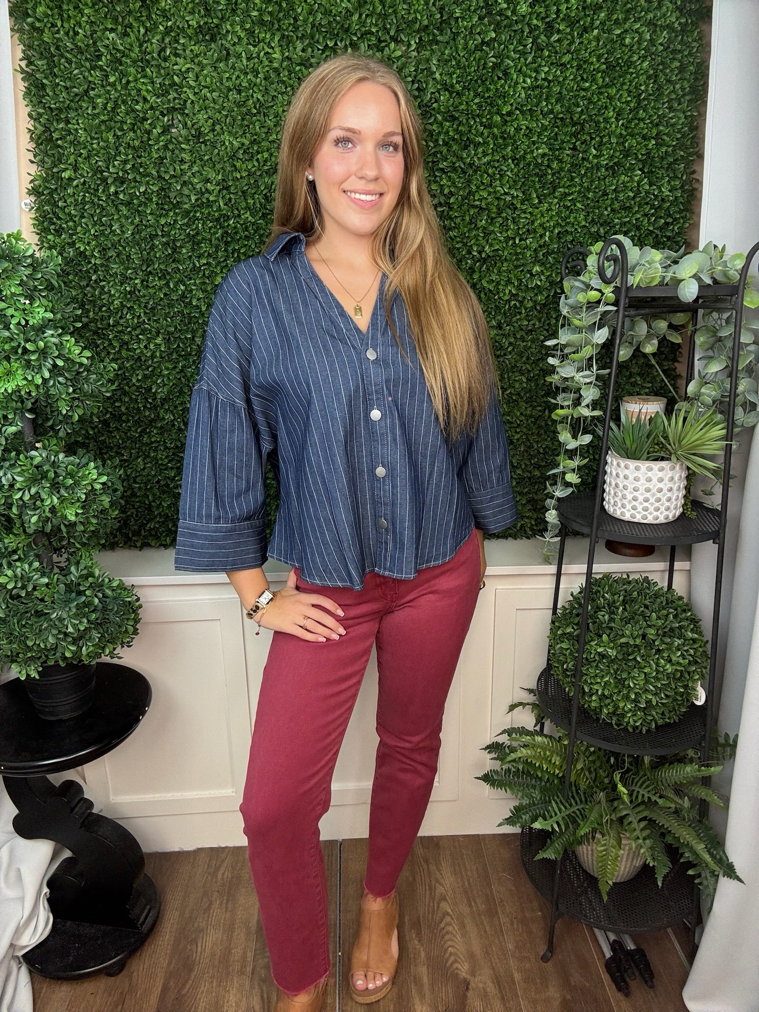 STRIPED BUTTON DOWN BACK PLEAT BLOUSE - DARK DENIM
