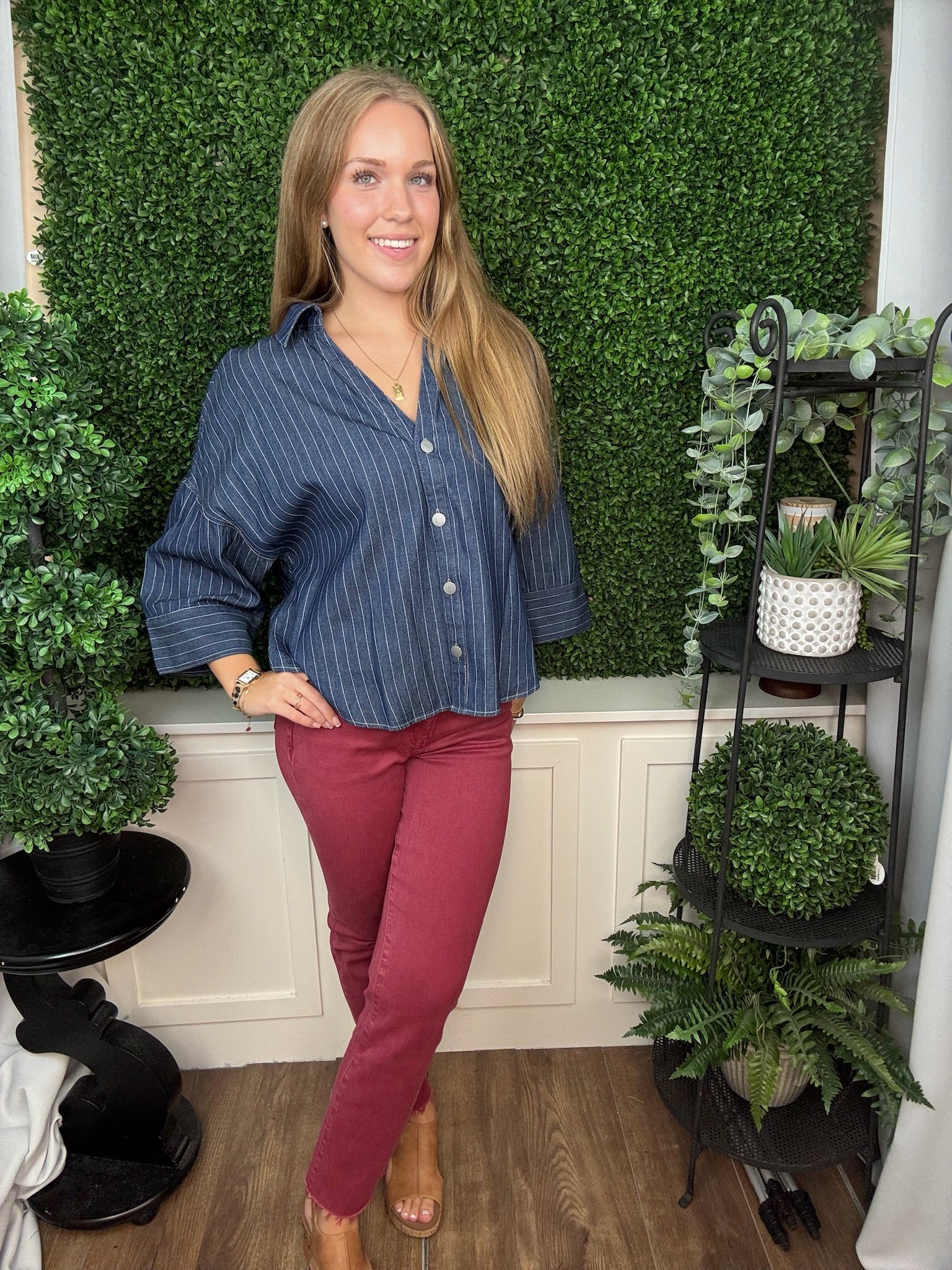 STRIPED BUTTON DOWN BACK PLEAT BLOUSE - DARK DENIM