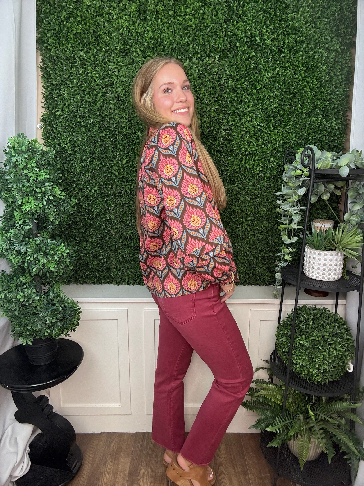 LONG SLEEVE RUFFLE NECK FLORAL PRINT BLOUSE - BROWN MIX