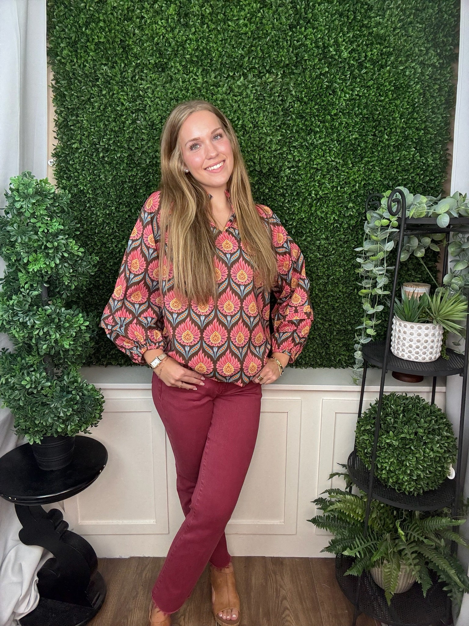 LONG SLEEVE RUFFLE NECK FLORAL PRINT BLOUSE - BROWN MIX
