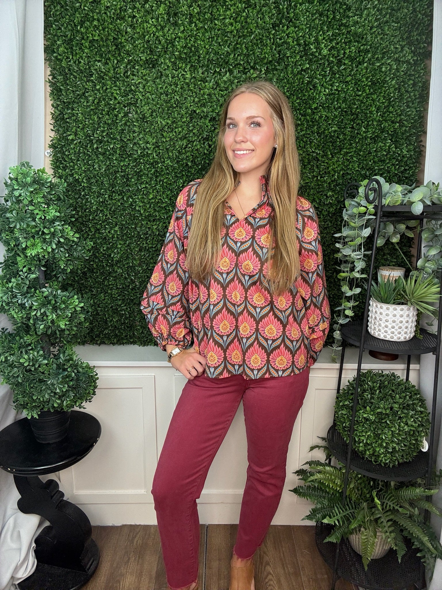 LONG SLEEVE RUFFLE NECK FLORAL PRINT BLOUSE - BROWN MIX