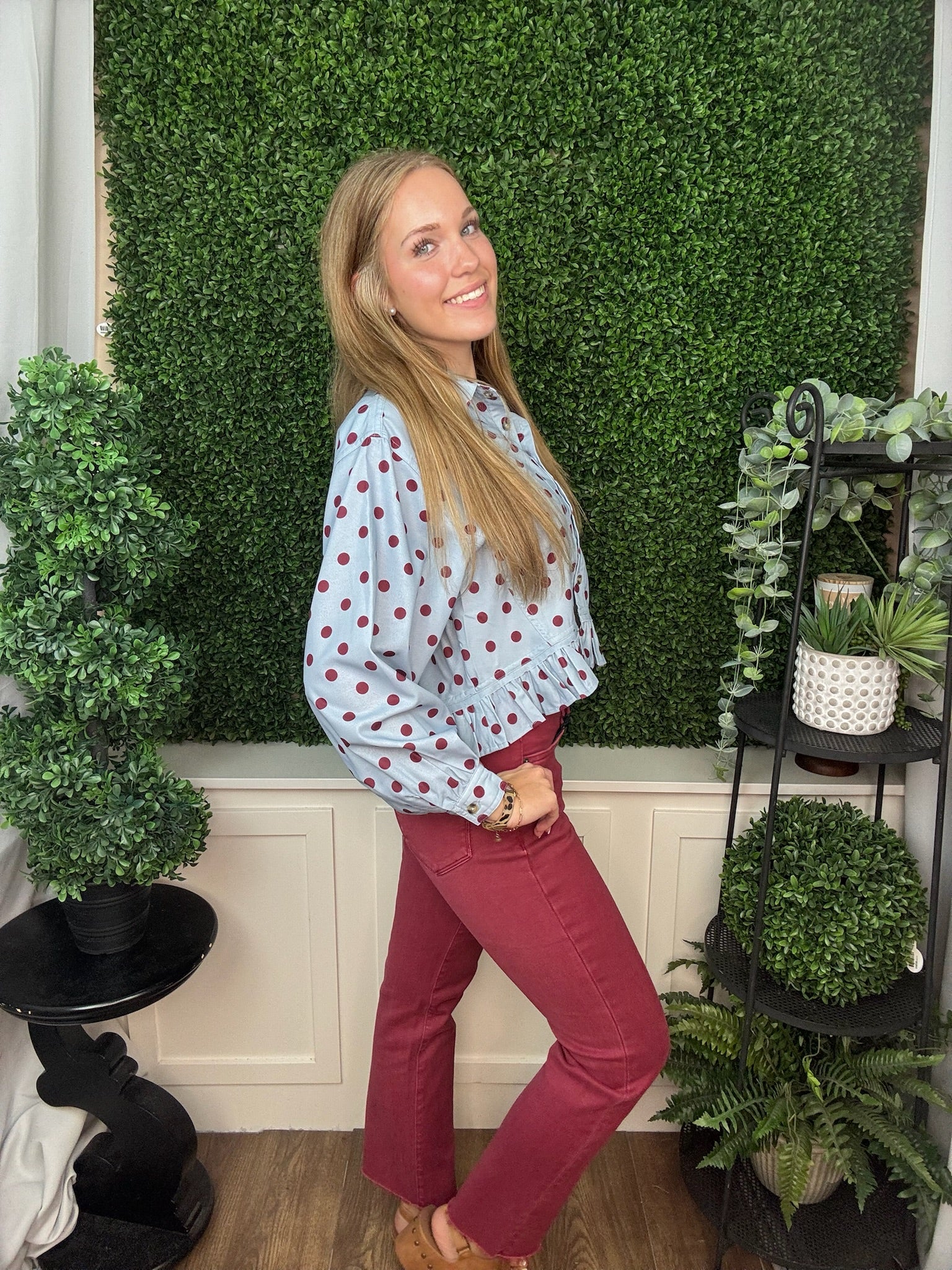 POLKA DOT RUFFLED LONG SLEEVE TOP - MERLOT SKY
