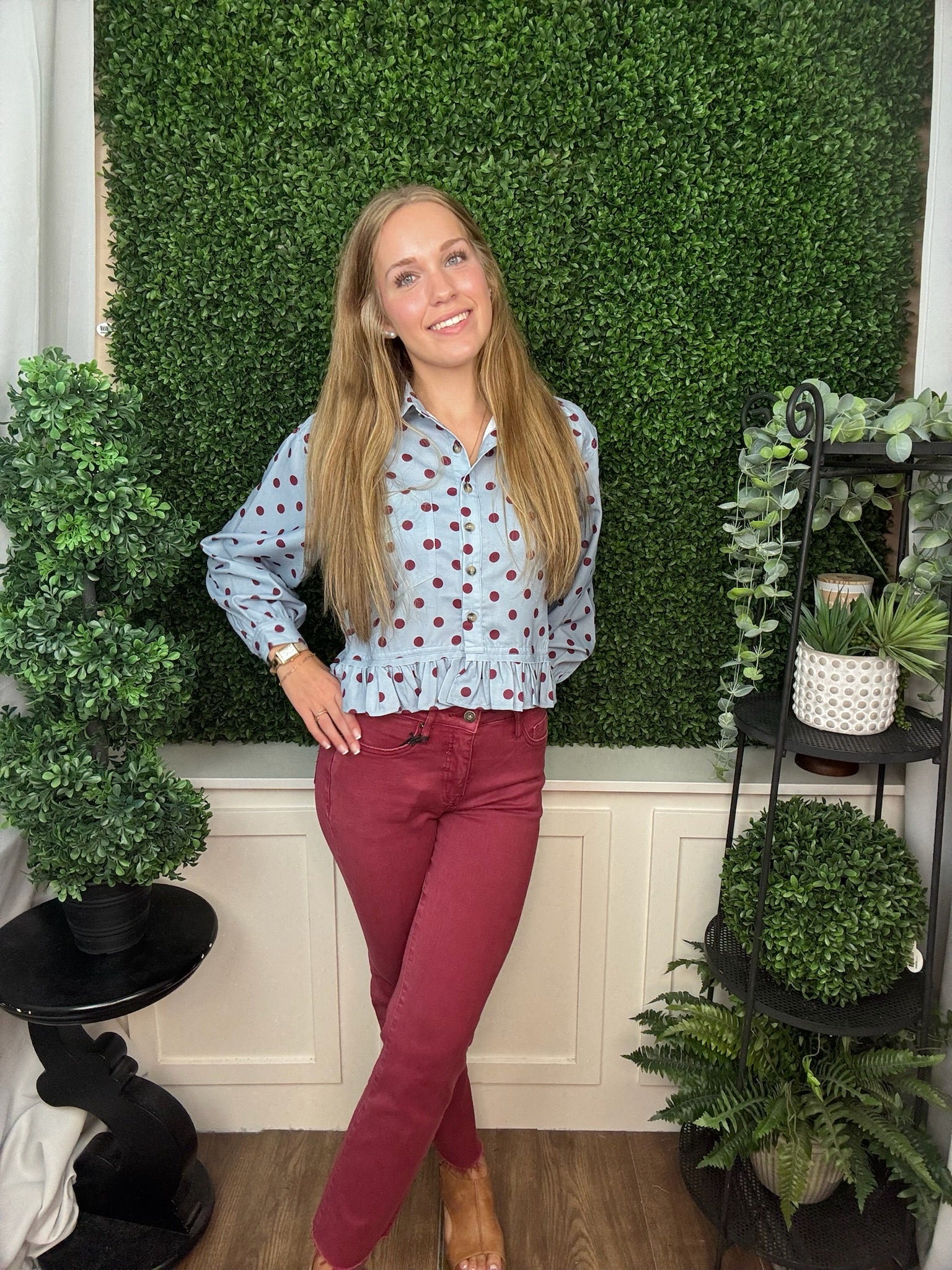POLKA DOT RUFFLED LONG SLEEVE TOP - MERLOT SKY