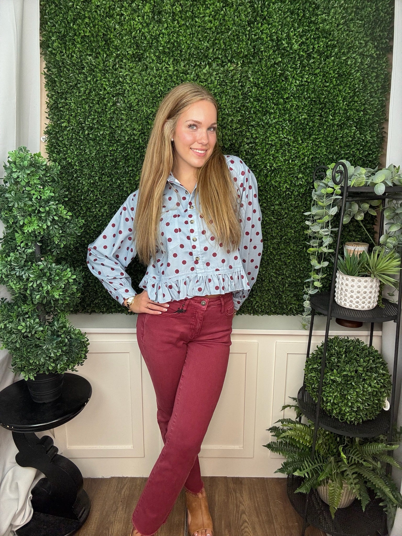 POLKA DOT RUFFLED LONG SLEEVE TOP - MERLOT SKY