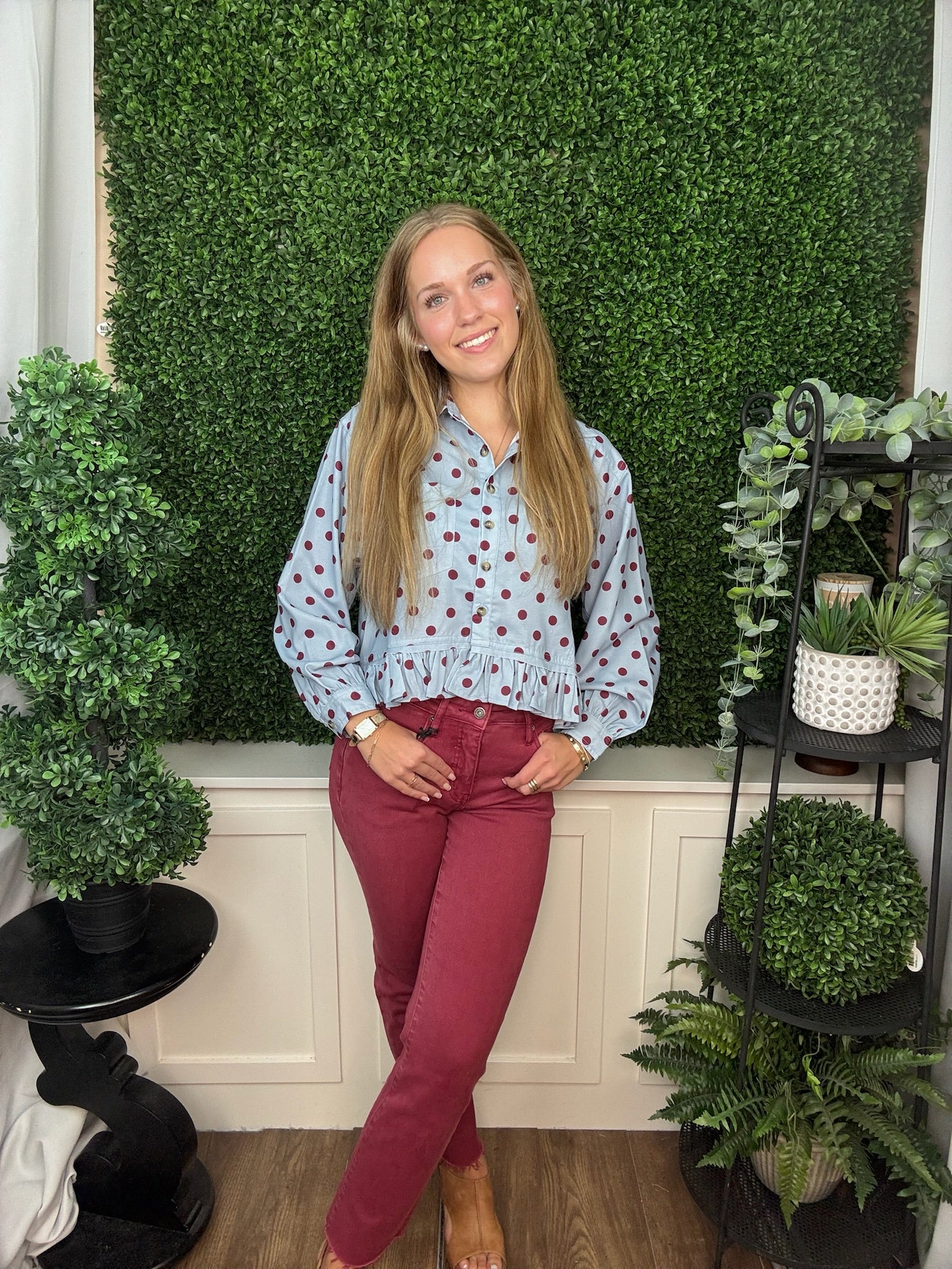 POLKA DOT RUFFLED LONG SLEEVE TOP - MERLOT SKY