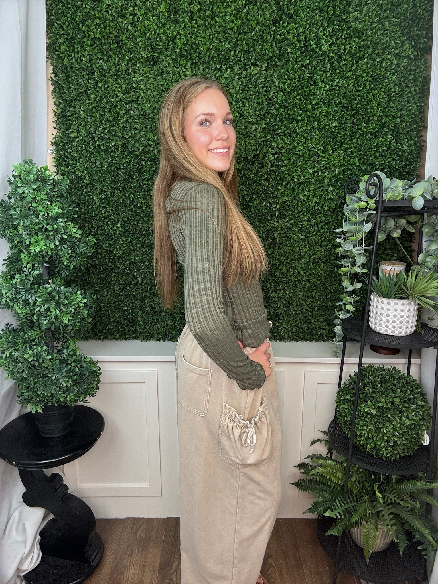 LONG SLEEVE FASHION TOP - MOCHA MOUSSE/OLIVE