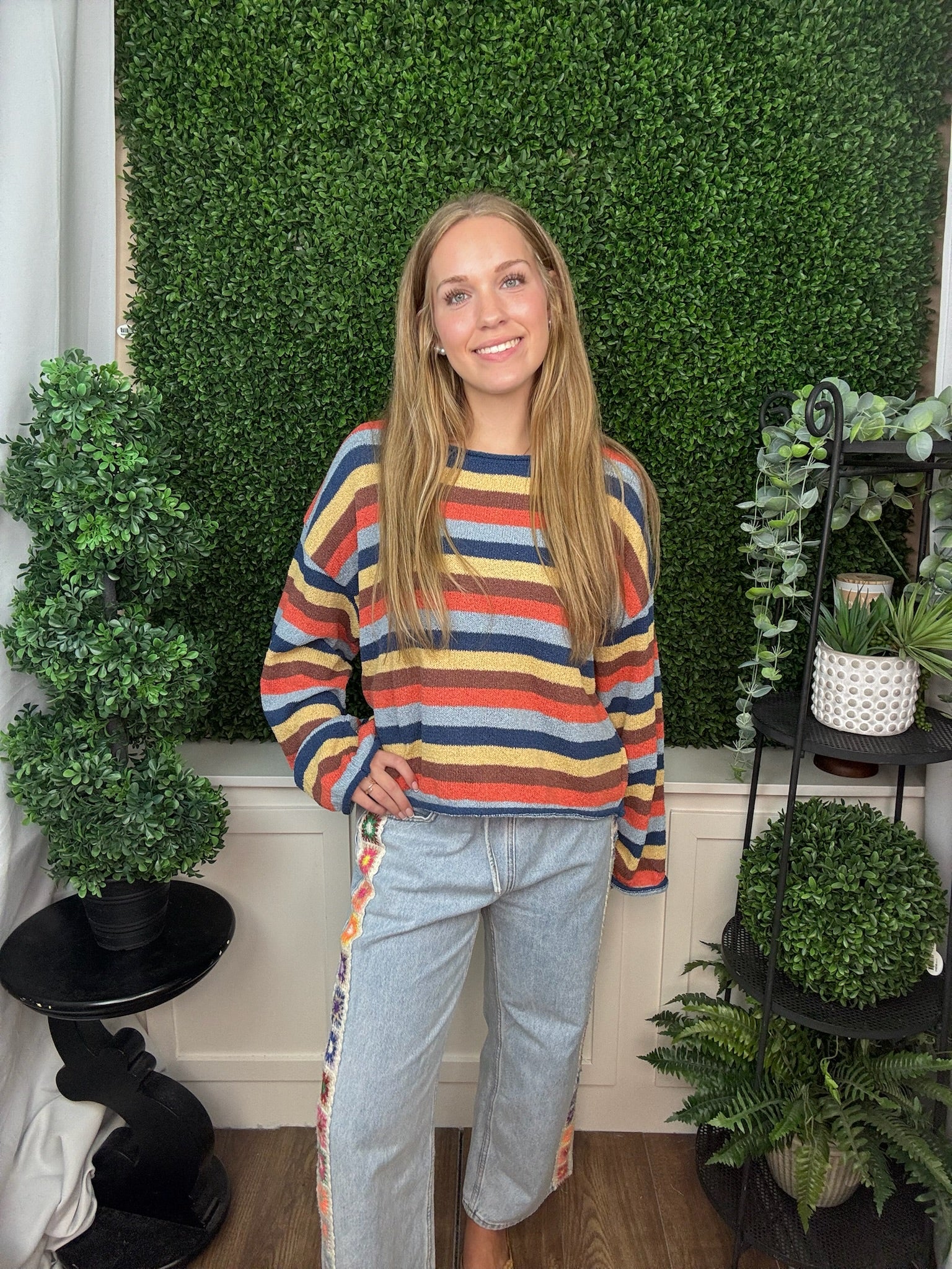 MULTICOLOR STRIPED CREW NECK KNIT SWEATER - CORAL MULTI