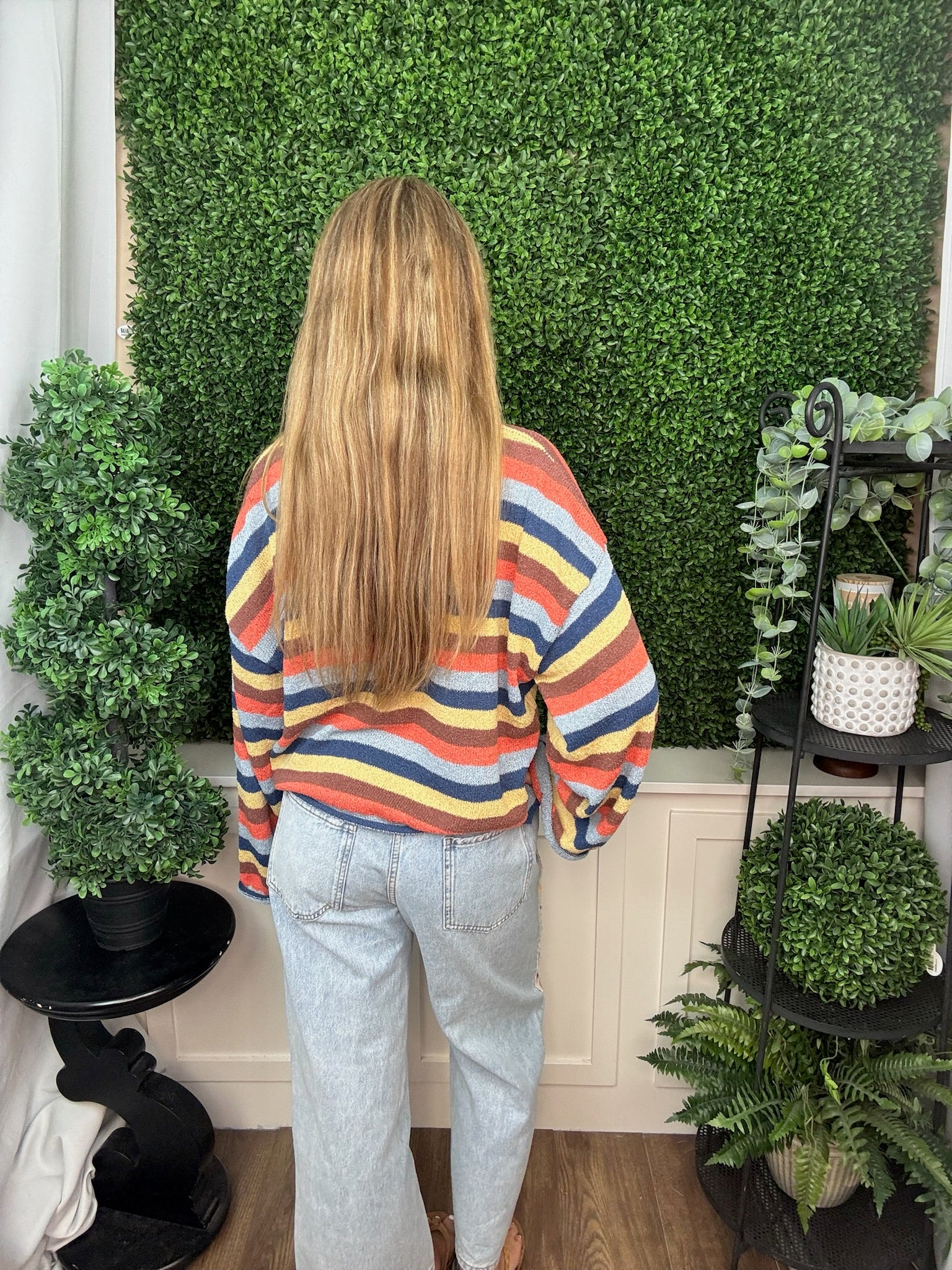 MULTICOLOR STRIPED CREW NECK KNIT SWEATER - CORAL MULTI