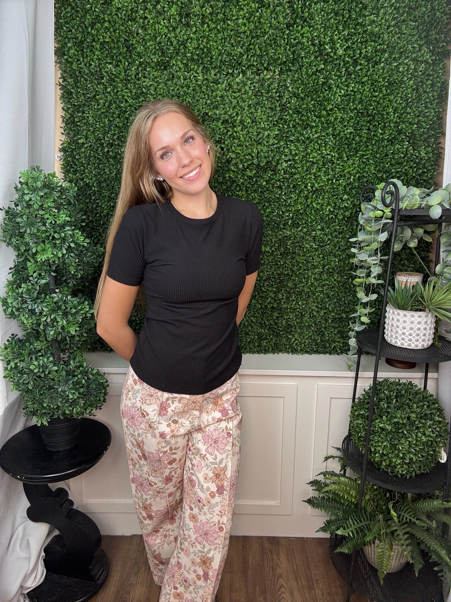 FLORAL WIDE LEG PANTS - BROWN/ECRU