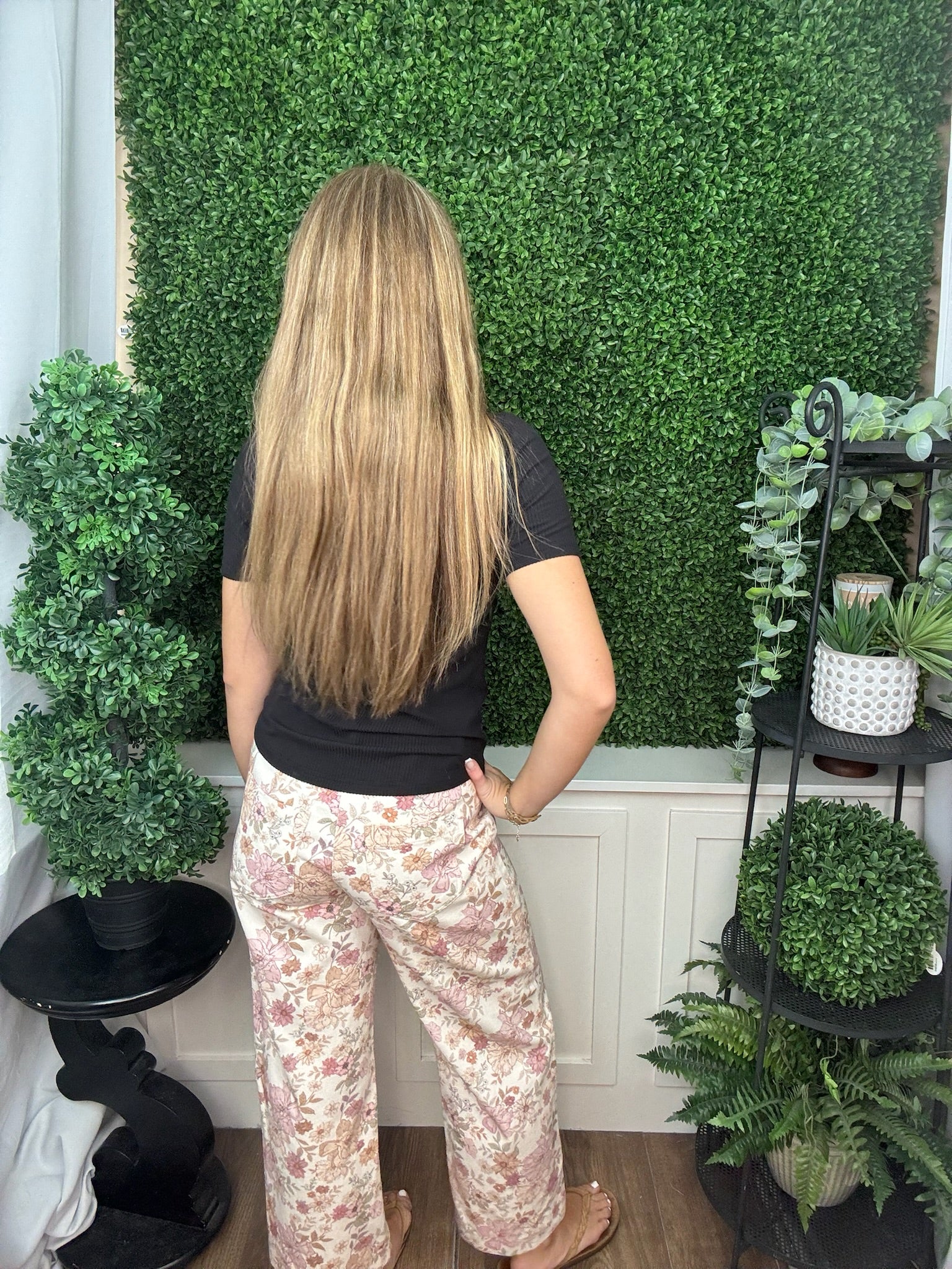 FLORAL WIDE LEG PANTS - BROWN/ECRU