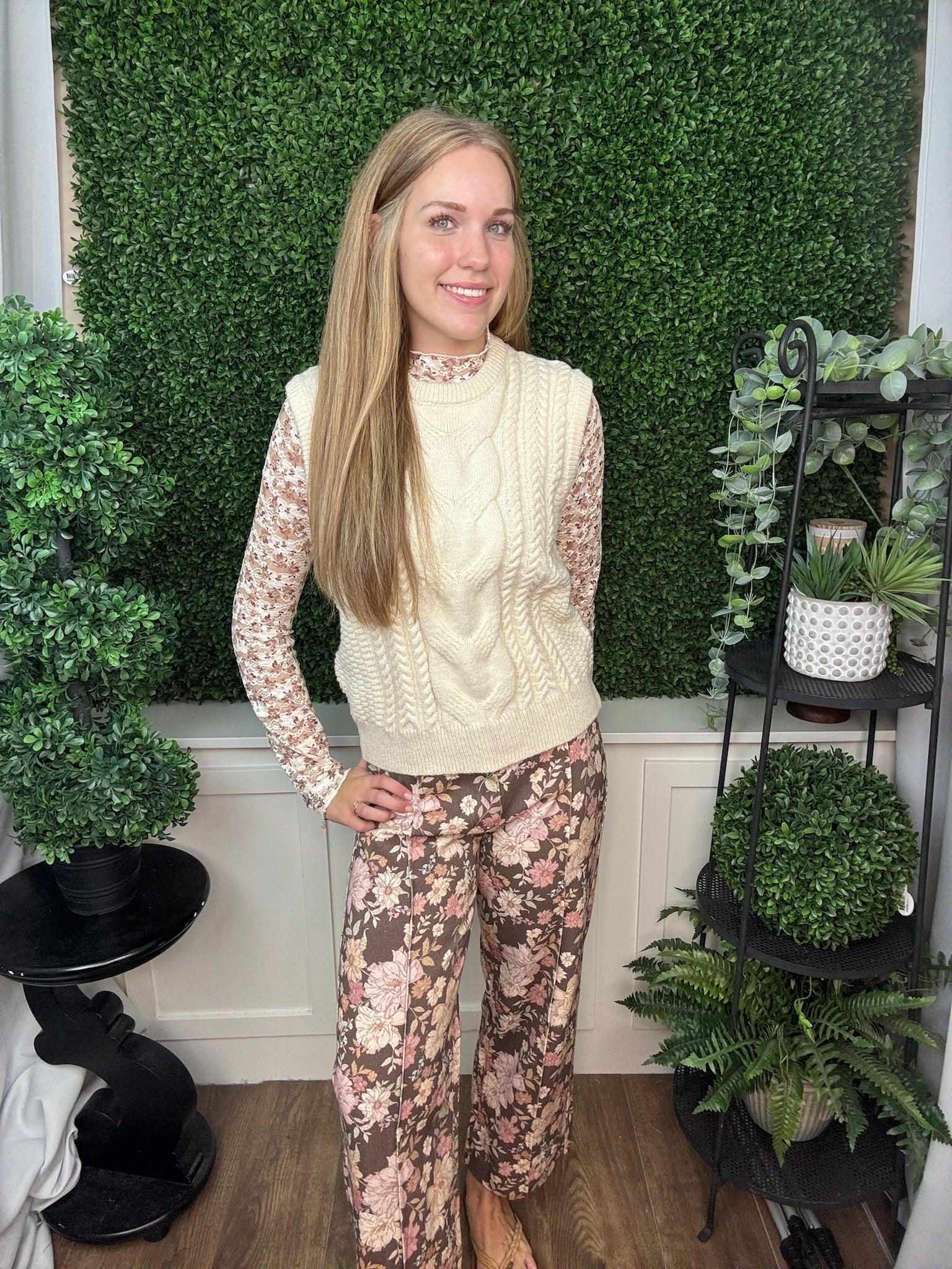 FLORAL LACE LONG SLEEVE TOP - TAUPE FLORAL LEAF-26
