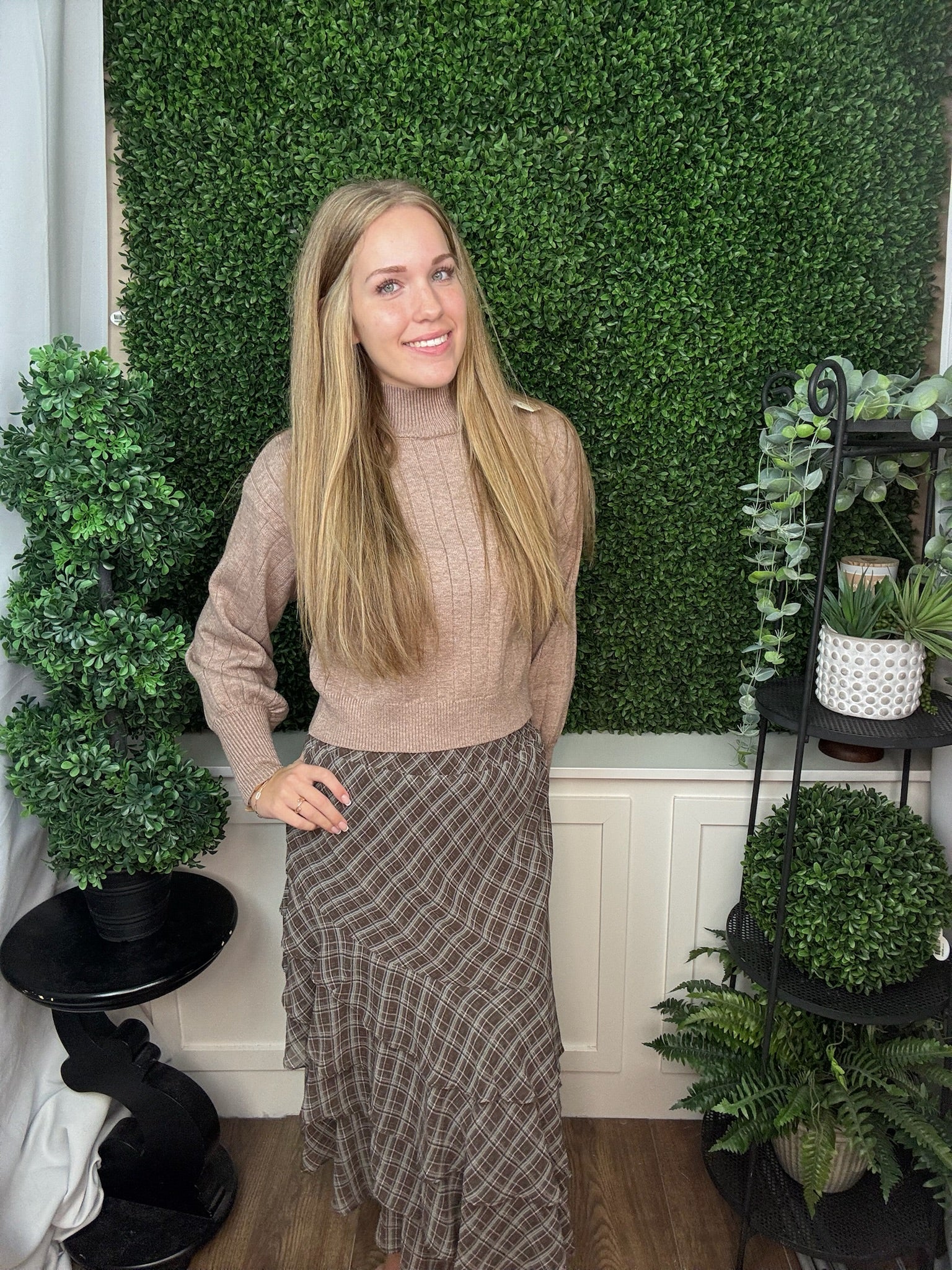 LONG SLEEVE MOCK NECK SWEATER TOP - LT. MOCHA