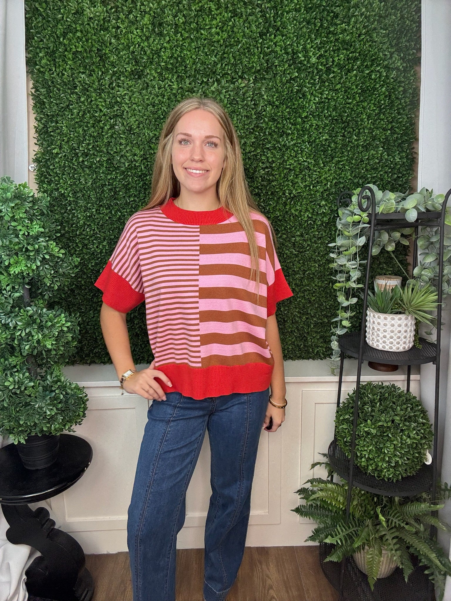 DROP SHOULDER STRIPED SWEATER - GREEN RED/ OLIVE GREEN BROWN/ RUST CARAMEL