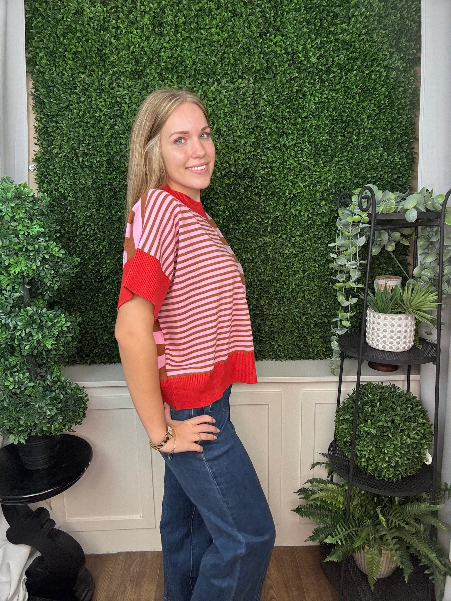 DROP SHOULDER STRIPED SWEATER - GREEN RED/ OLIVE GREEN BROWN/ RUST CARAMEL