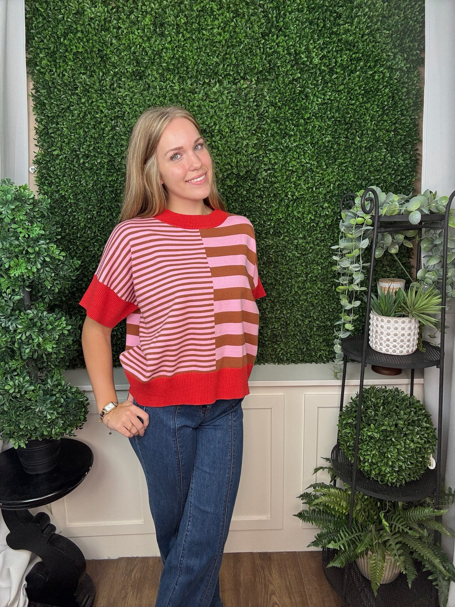 DROP SHOULDER STRIPED SWEATER - GREEN RED/ OLIVE GREEN BROWN/ RUST CARAMEL