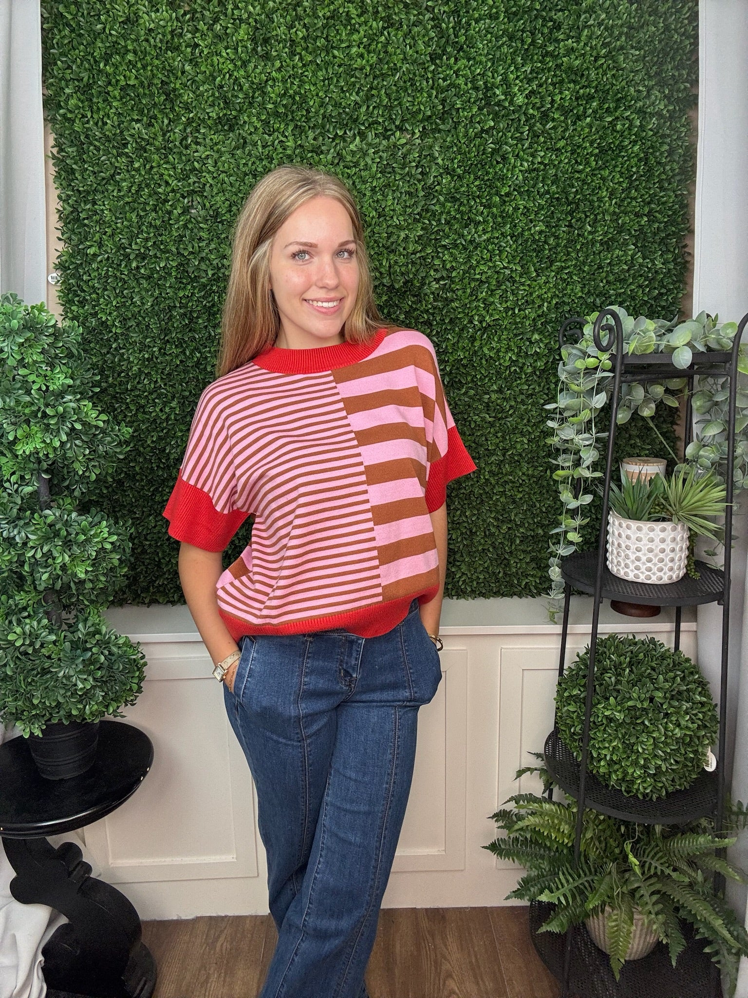 DROP SHOULDER STRIPED SWEATER - GREEN RED/ OLIVE GREEN BROWN/ RUST CARAMEL