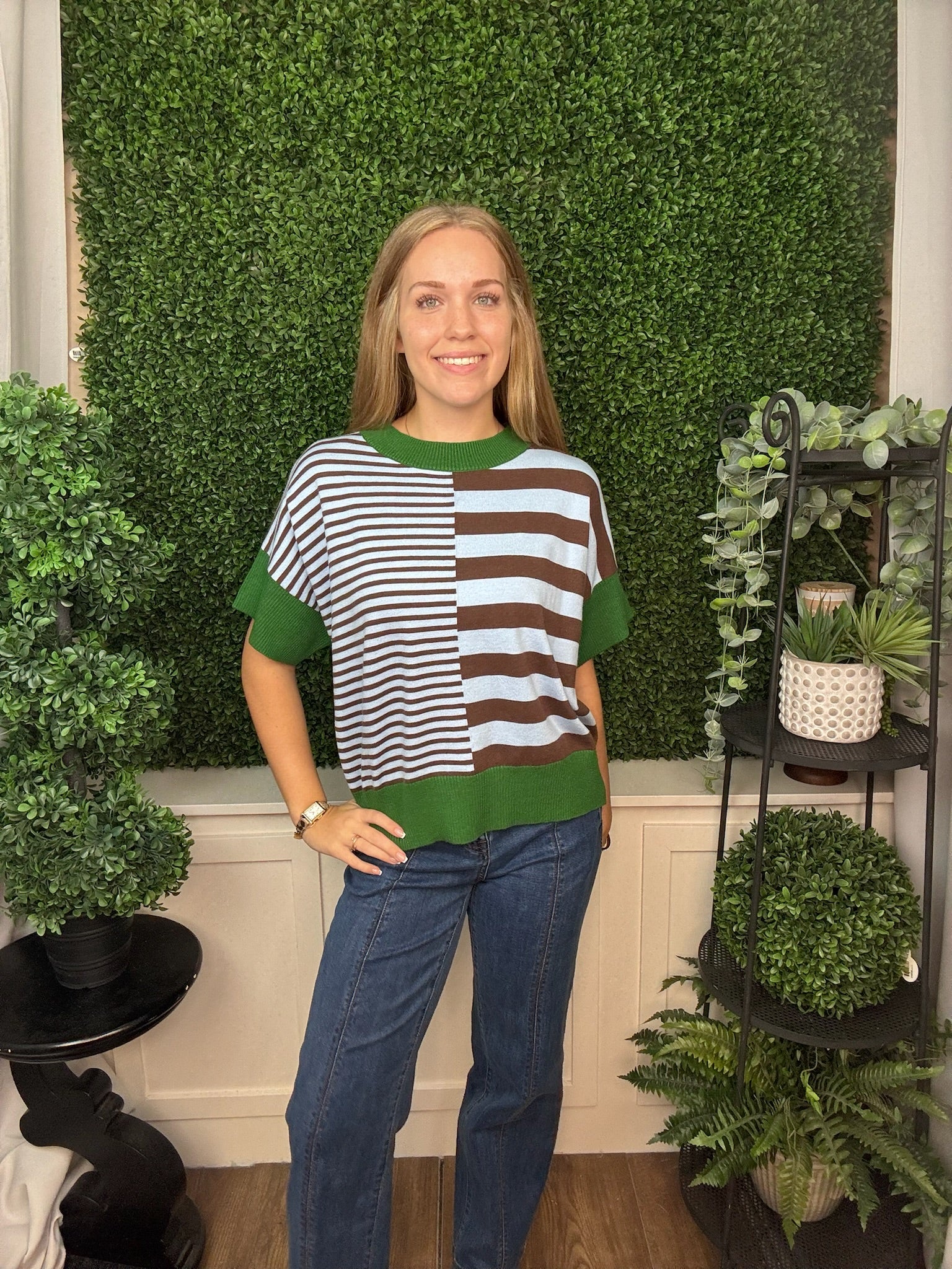 DROP SHOULDER STRIPED SWEATER - GREEN RED/ OLIVE GREEN BROWN/ RUST CARAMEL