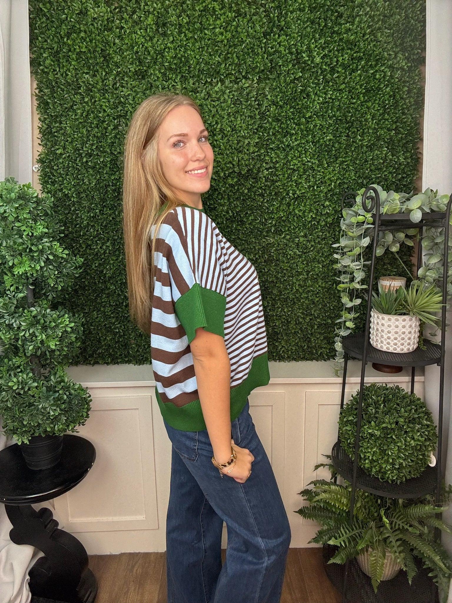 DROP SHOULDER STRIPED SWEATER - GREEN RED/ OLIVE GREEN BROWN/ RUST CARAMEL