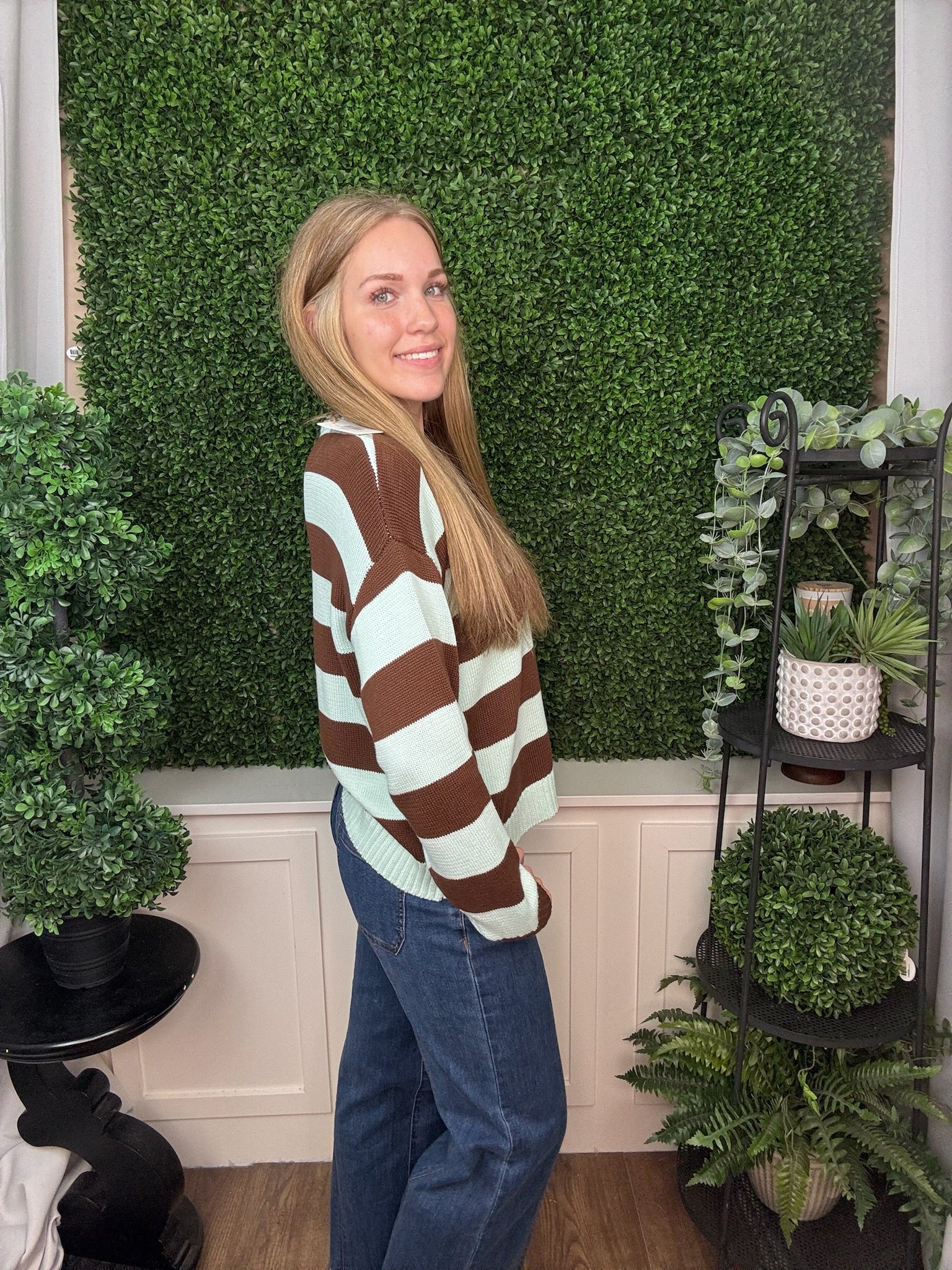 STRIPE CREW NECK KNIT SWEATER - MINT/CHOCO COMBO