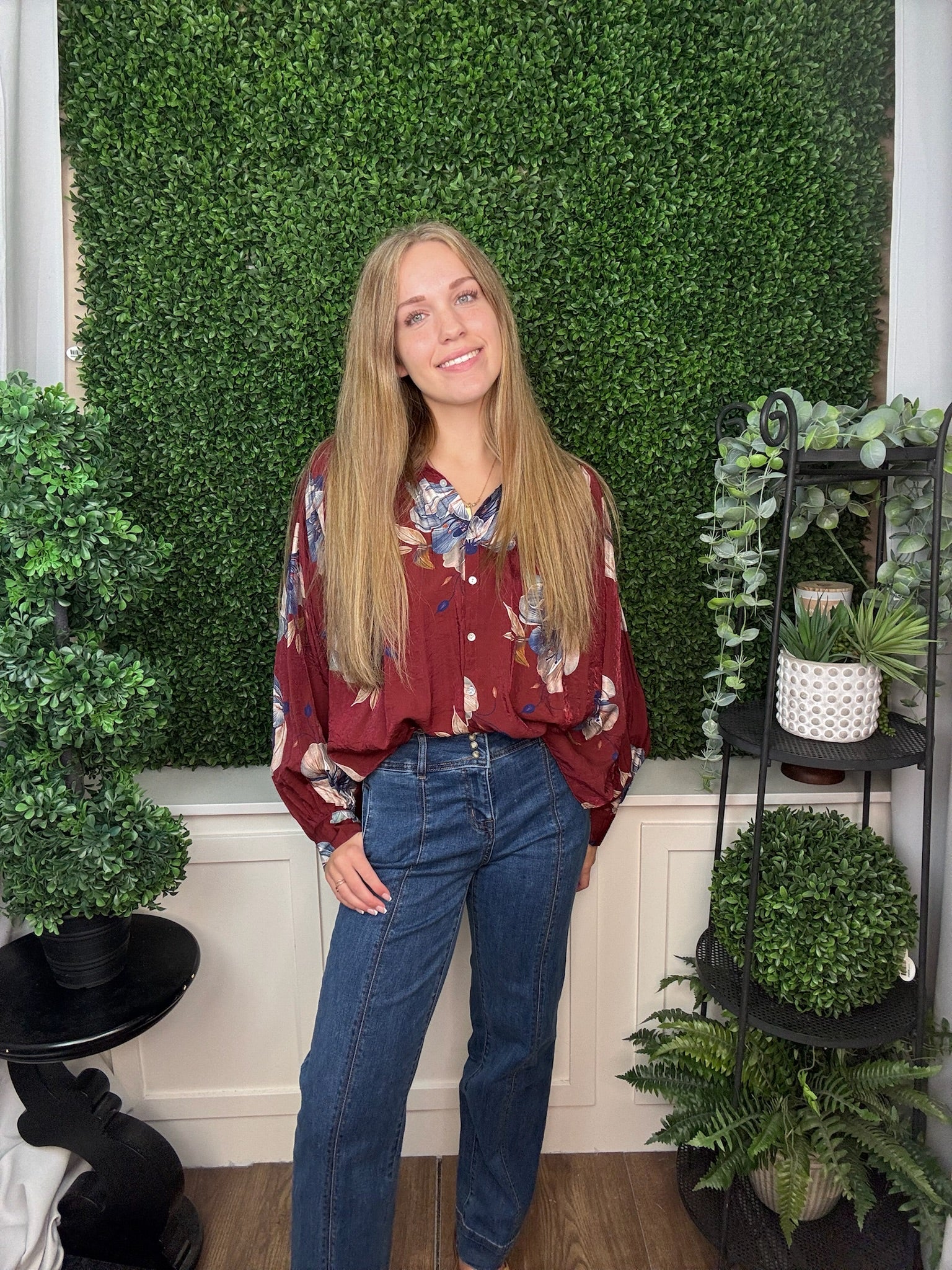 FLORAL VOLUMINOUS BUTTON DOWN BLOUSE - BURGUNDY