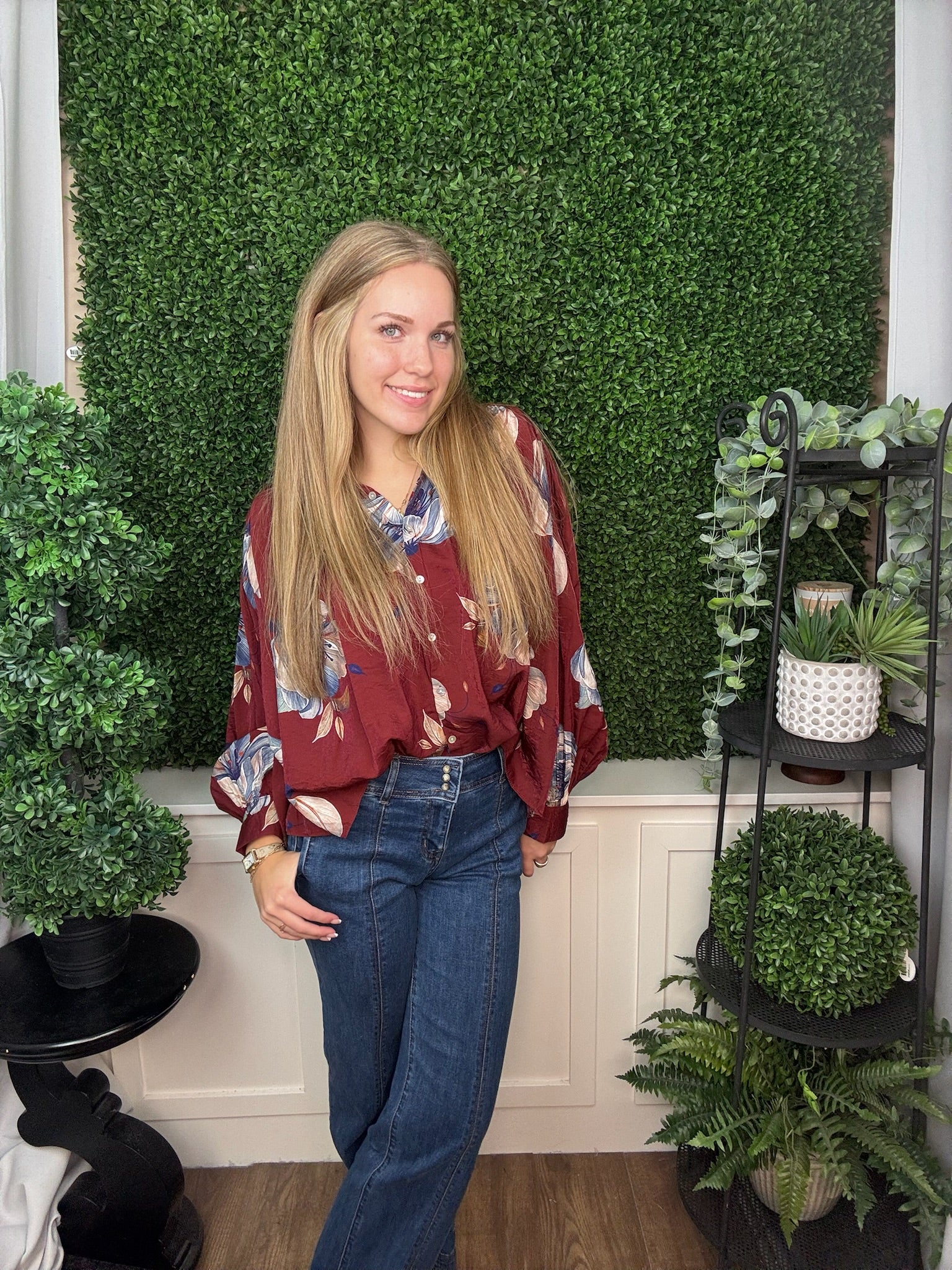 FLORAL VOLUMINOUS BUTTON DOWN BLOUSE - BURGUNDY