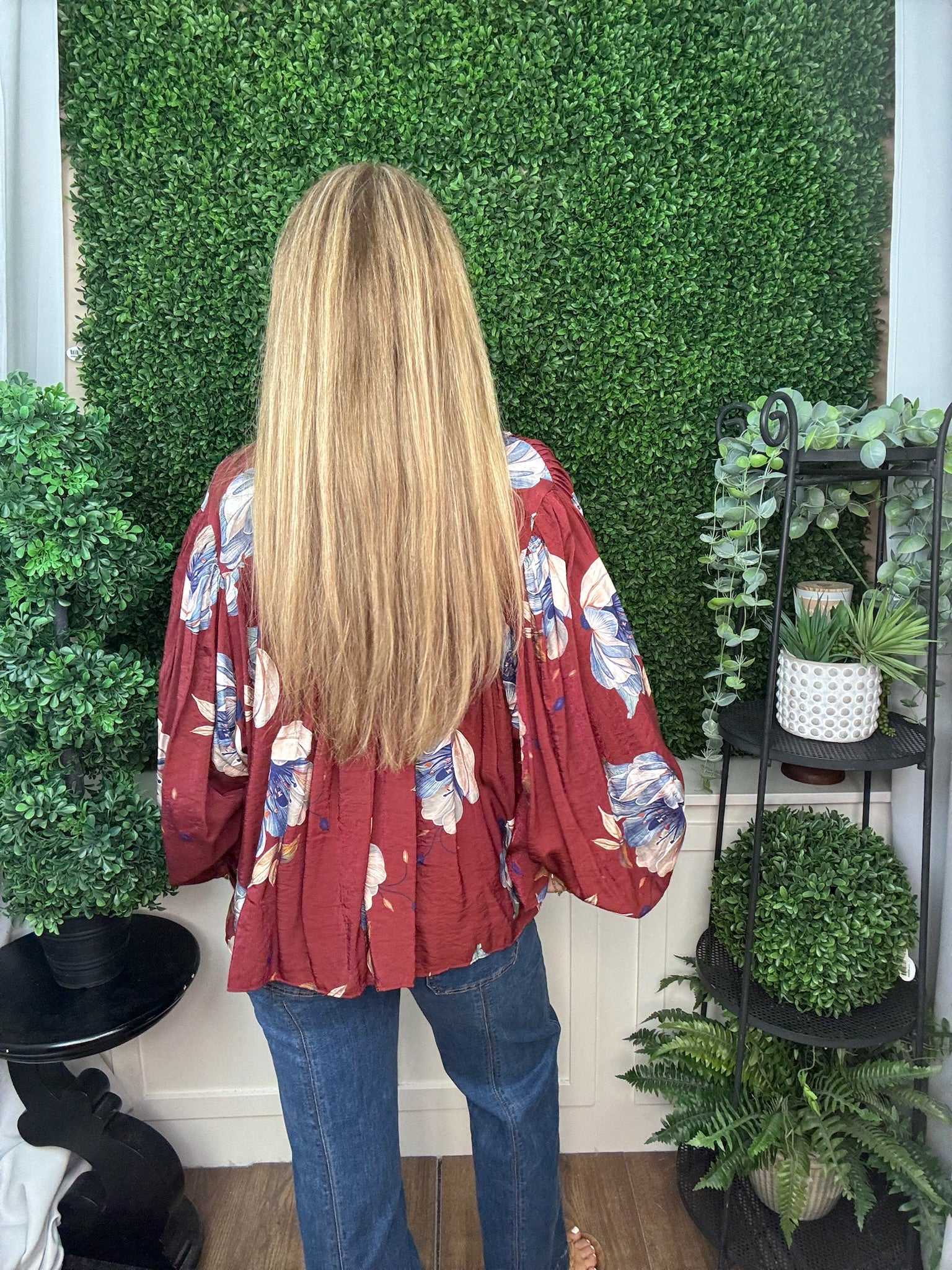 FLORAL VOLUMINOUS BUTTON DOWN BLOUSE - BURGUNDY