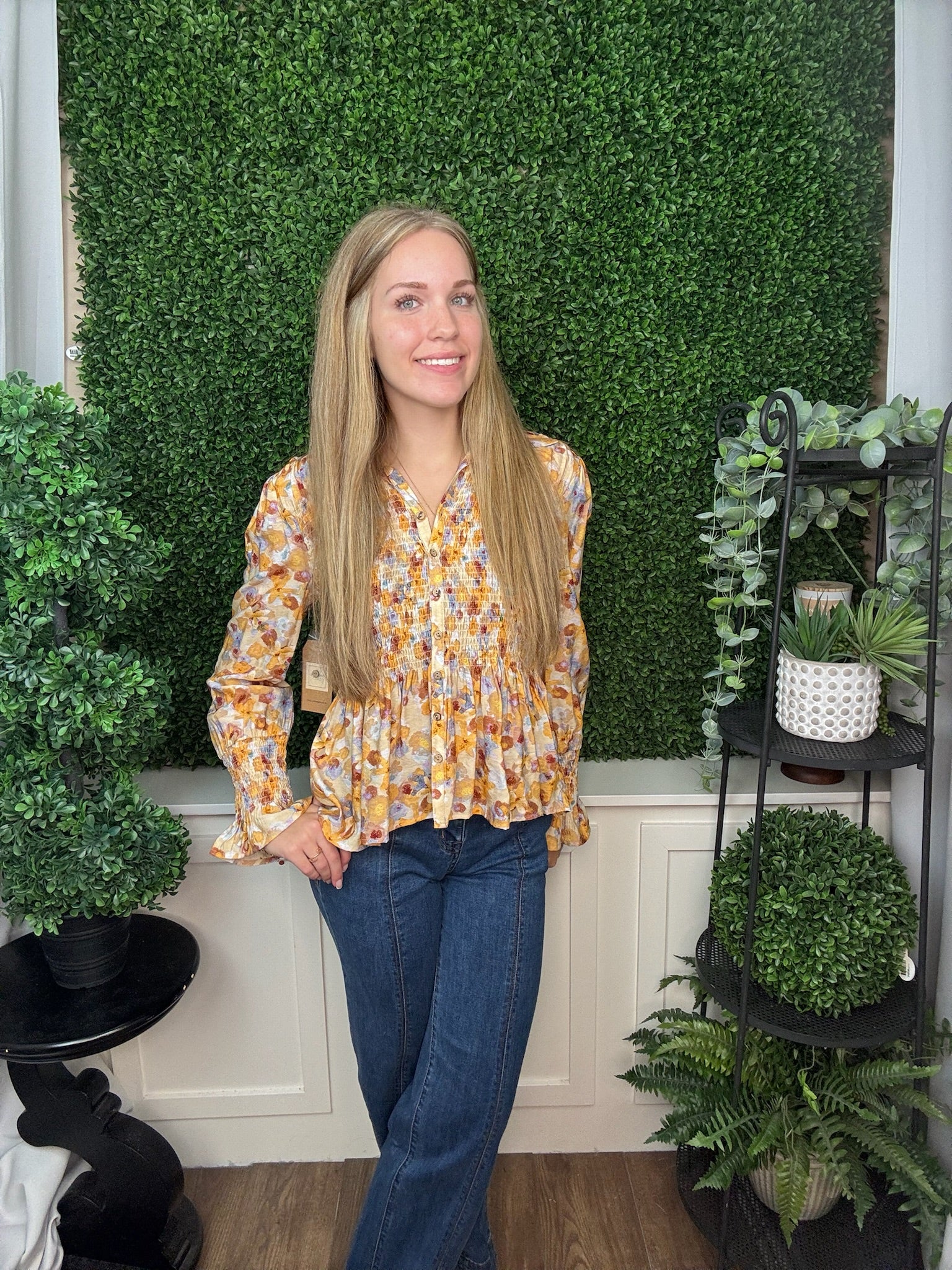SMOCKED BUTTON UP WITH LONG SLEEVES - MULTI