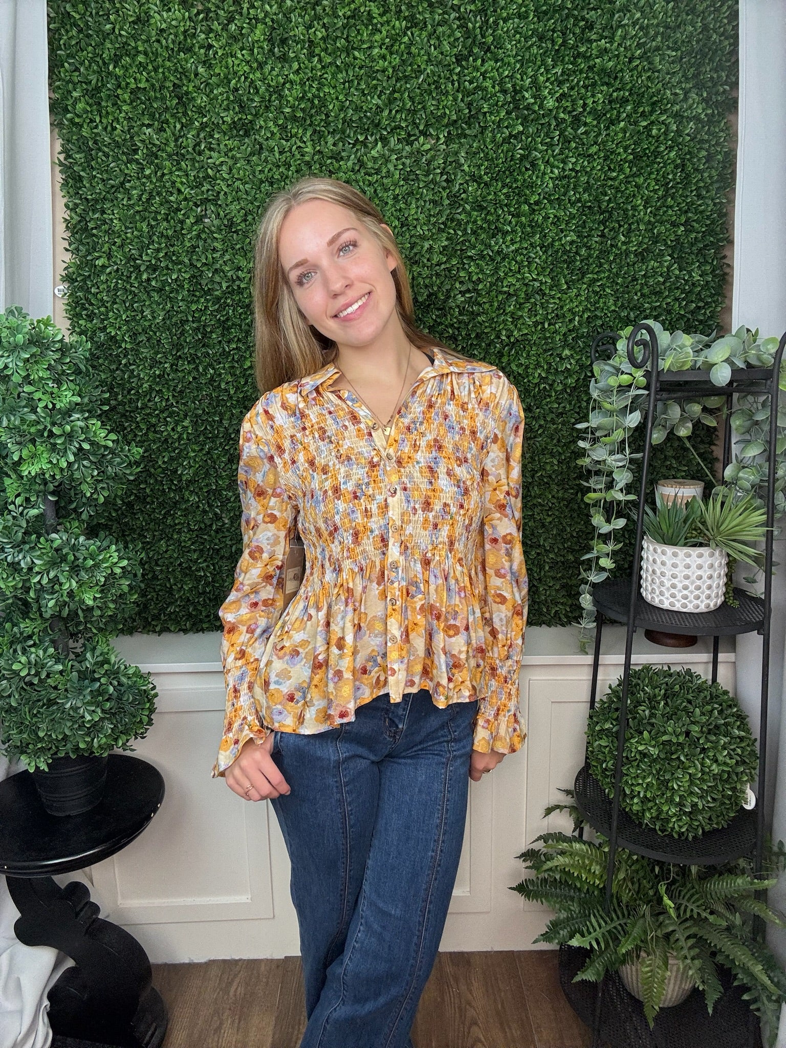 SMOCKED BUTTON UP WITH LONG SLEEVES - MULTI
