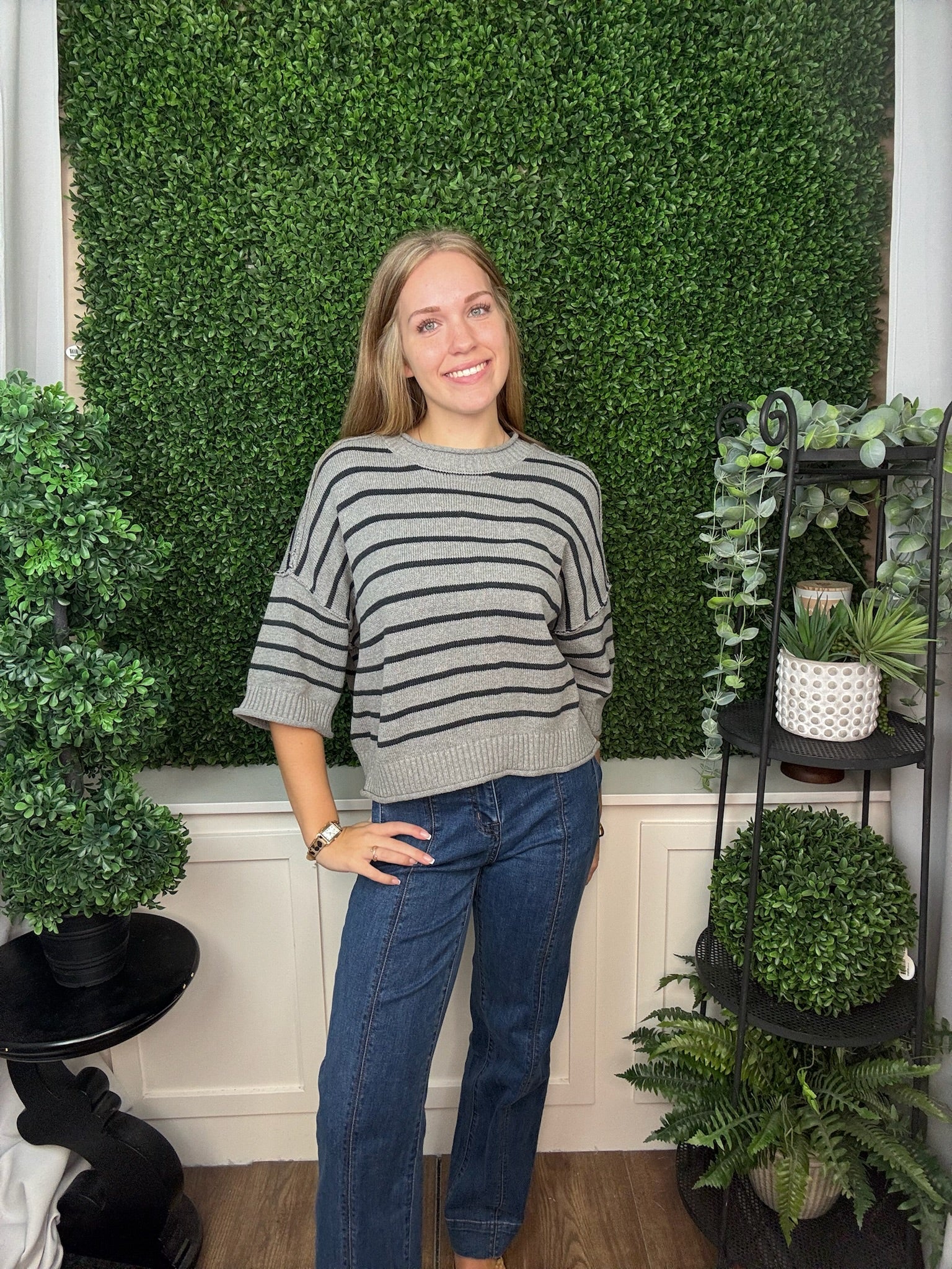 LOOSE FIT KNIT PULLOVER STRIPE SWEATER TOP - DARK GRAY/NAVY